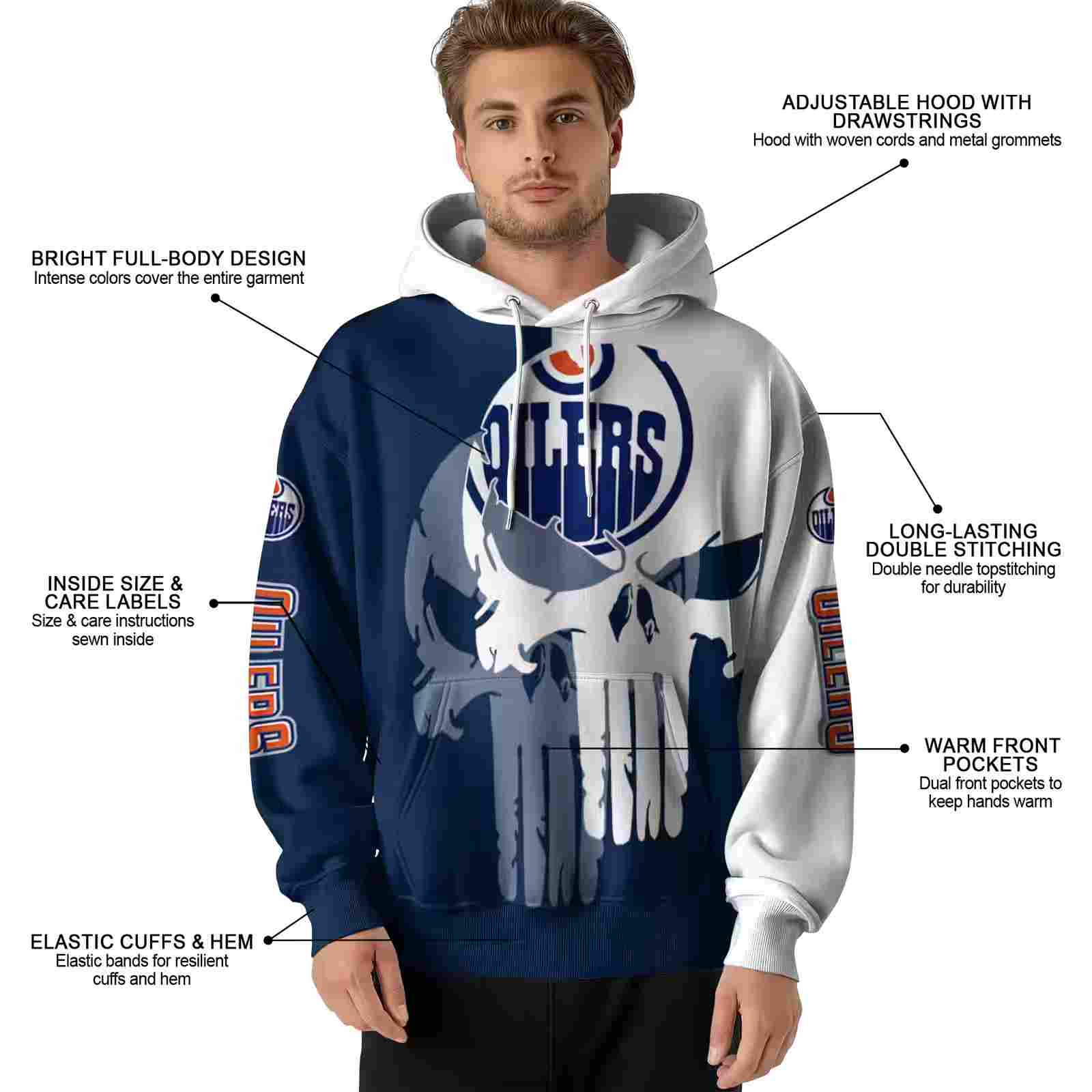 edmonton oilers graphic punisher blue white hoodie latest model