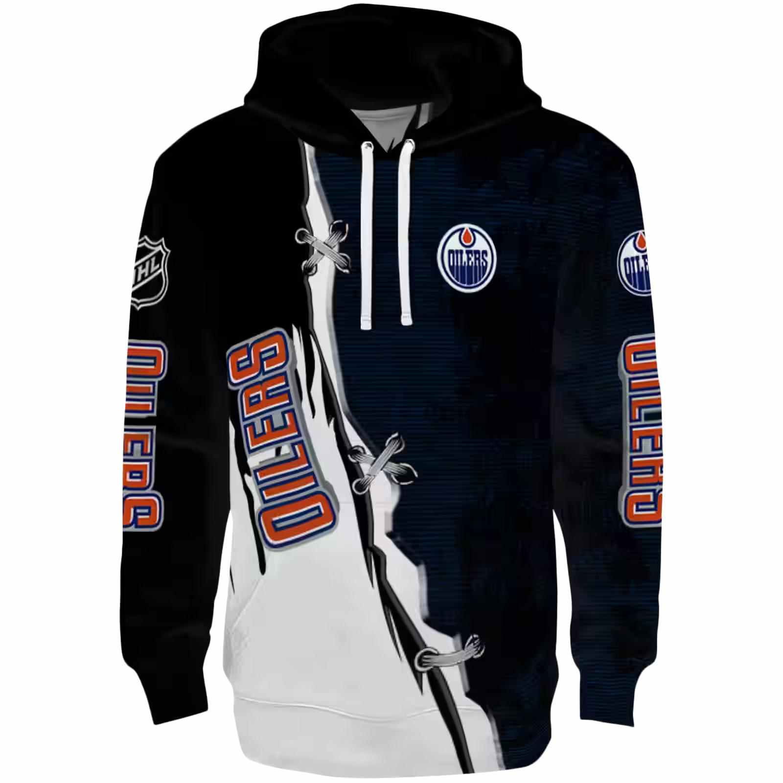 Edmonton Oilers Ripped Pattern Blue Black White Hoodie