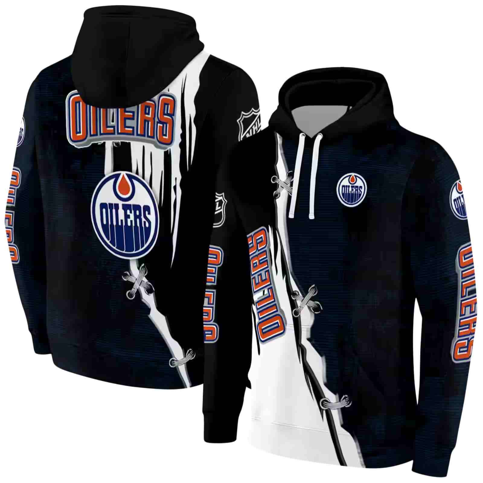 edmonton oilers ripped pattern blue black white hoodie fashion forward