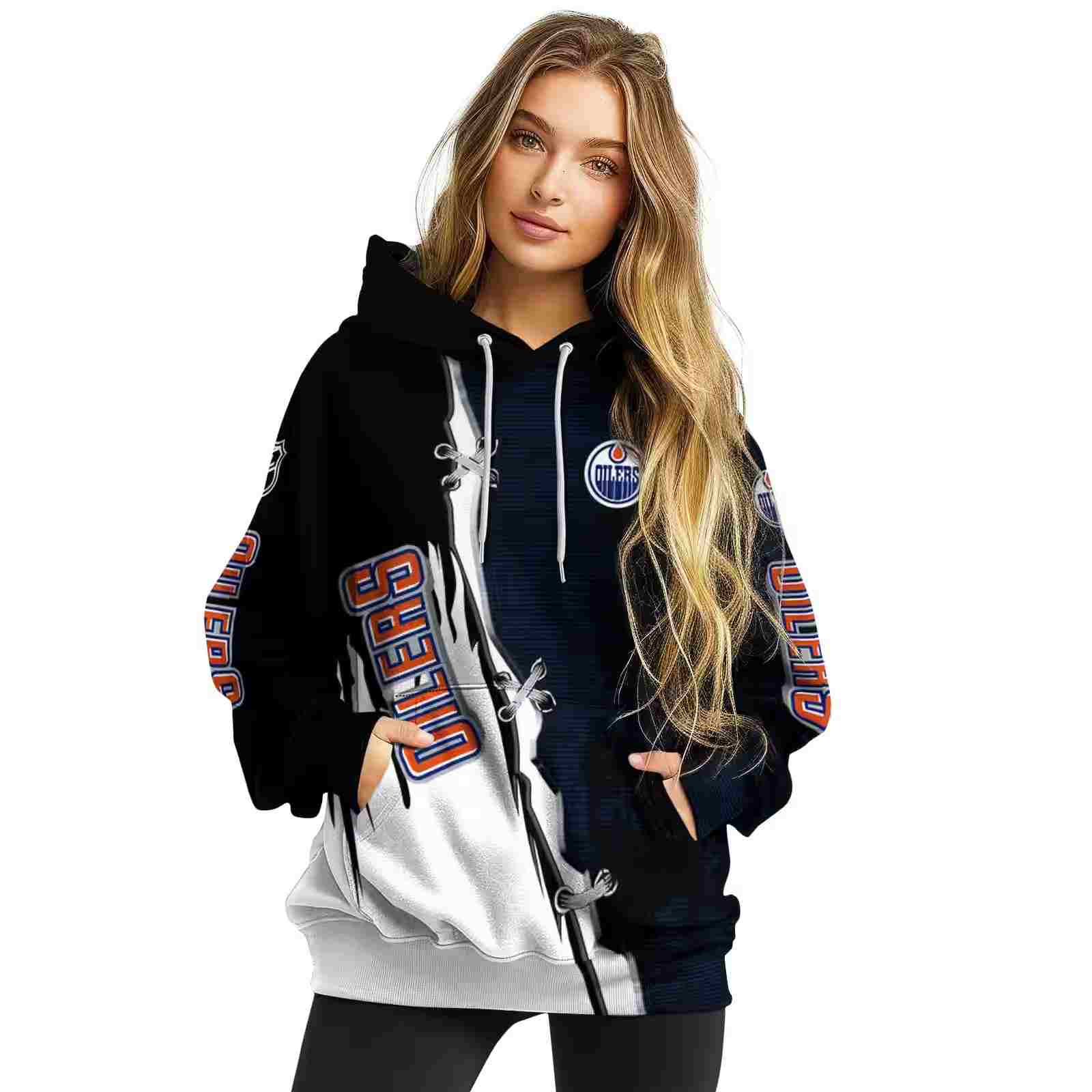 edmonton oilers ripped pattern blue black white hoodie high quality