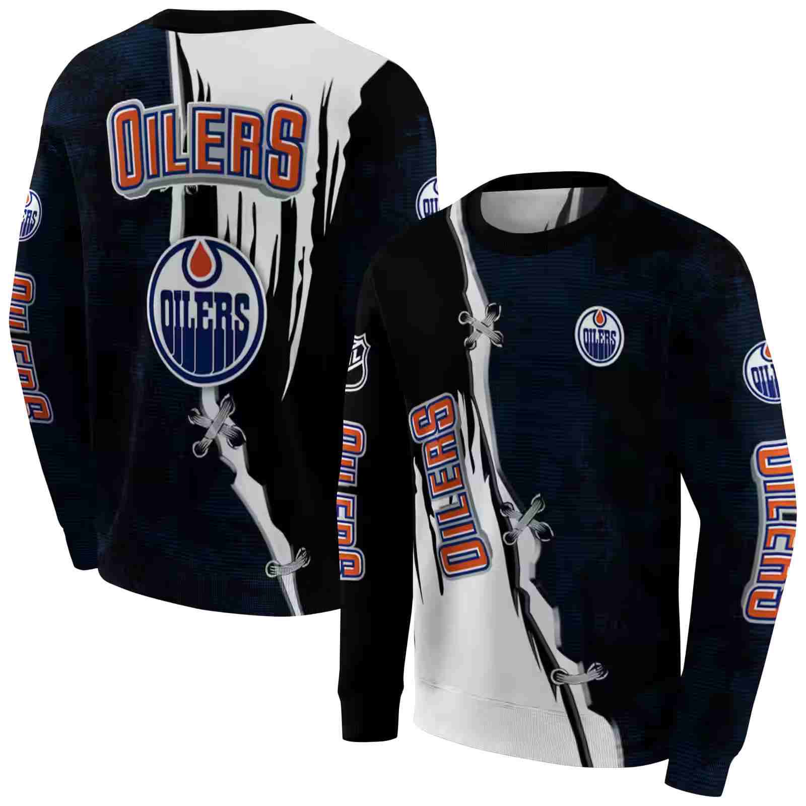 edmonton oilers ripped pattern blue black white hoodie premium grade