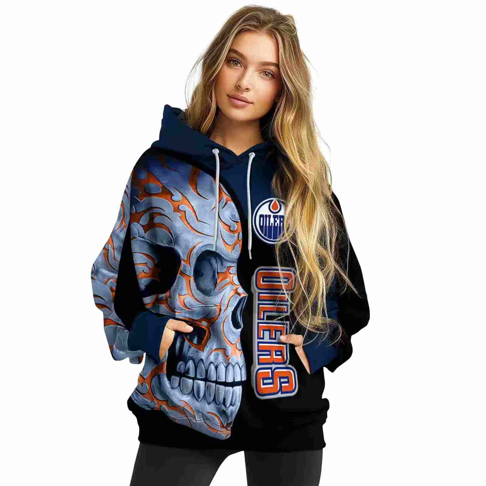 edmonton oilers skull motif blue black hoodie high quality