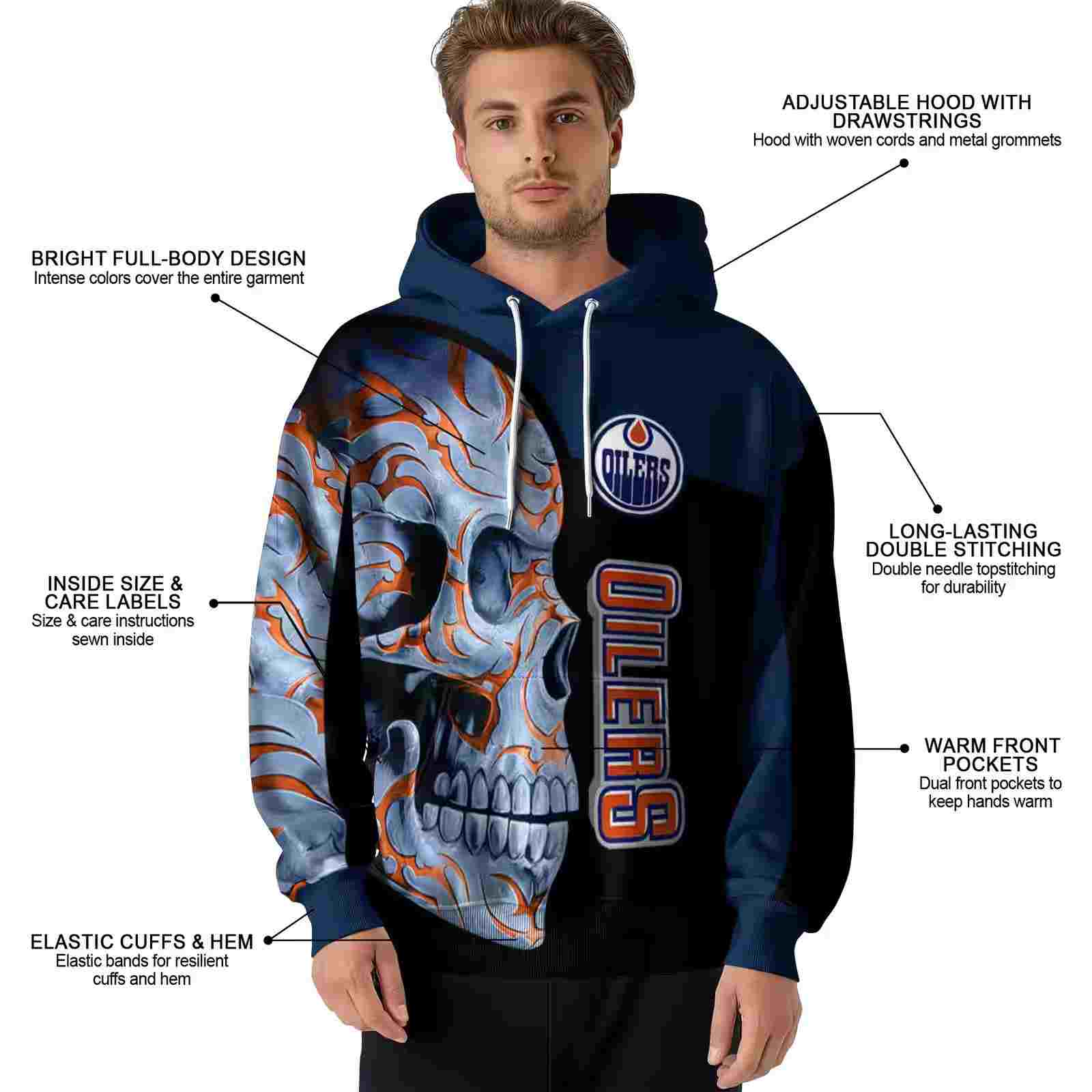 edmonton oilers skull motif blue black hoodie latest model