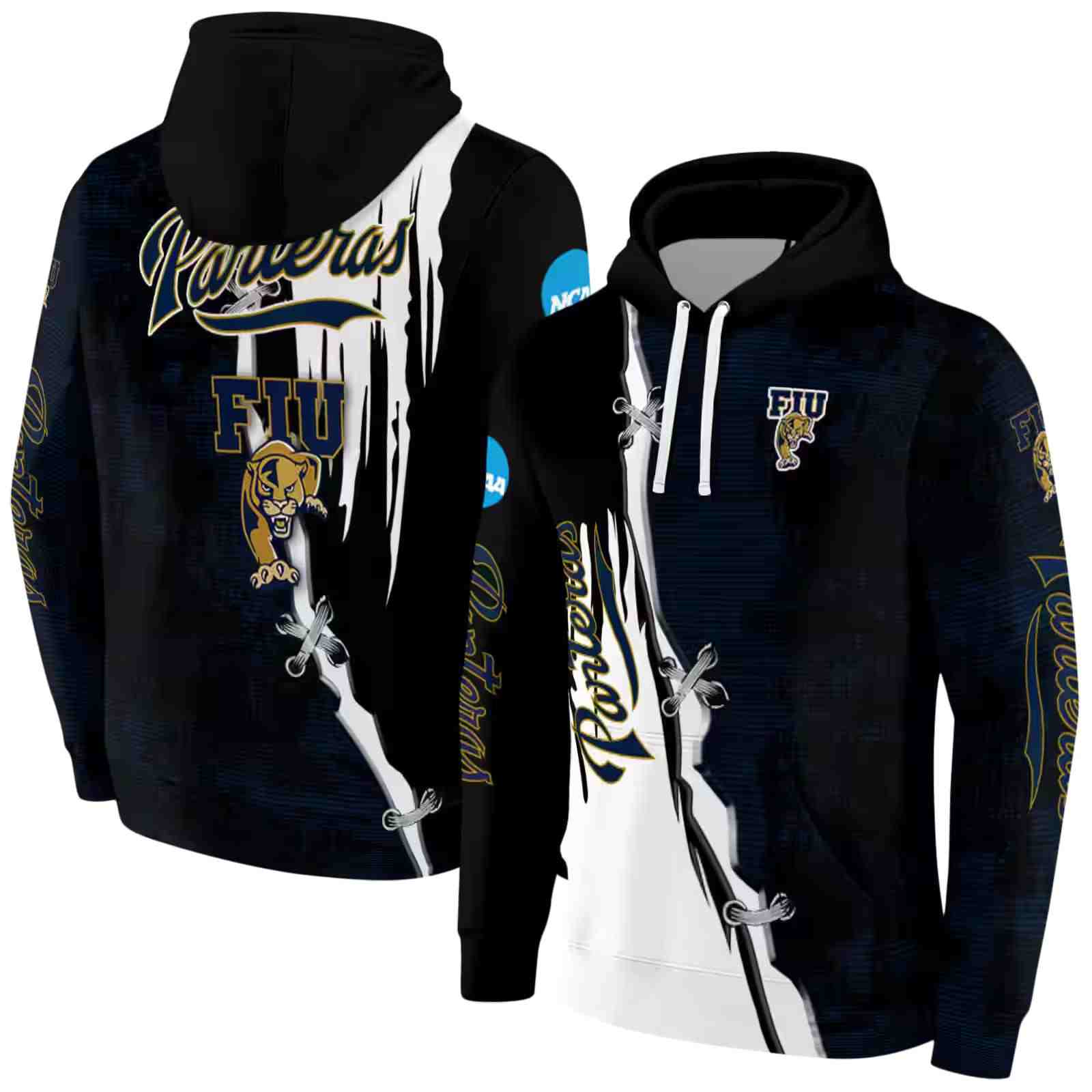 fiu panthers ripped pattern blue black white hoodie fashion forward