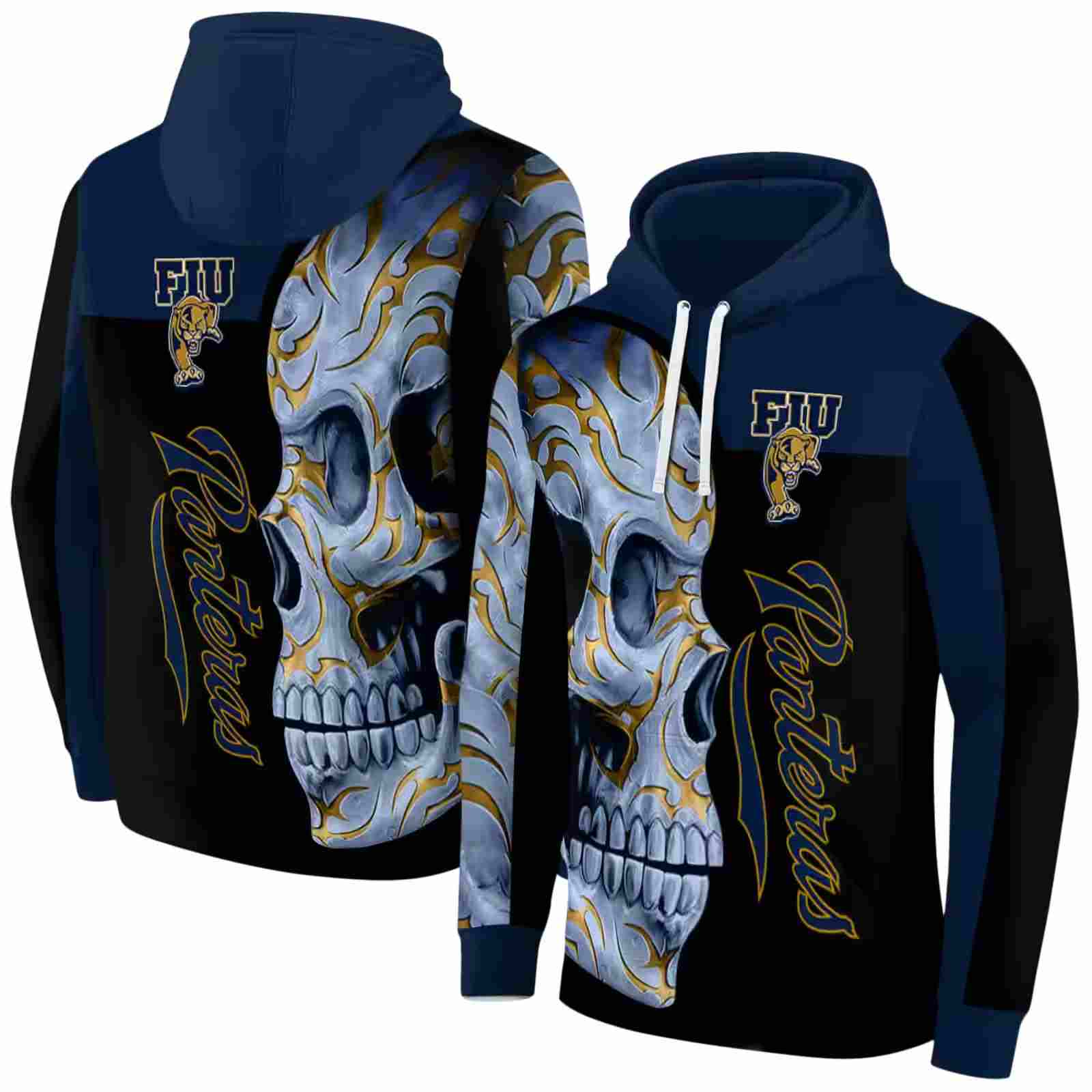 fiu panthers skull motif blue black hoodie fashion forward