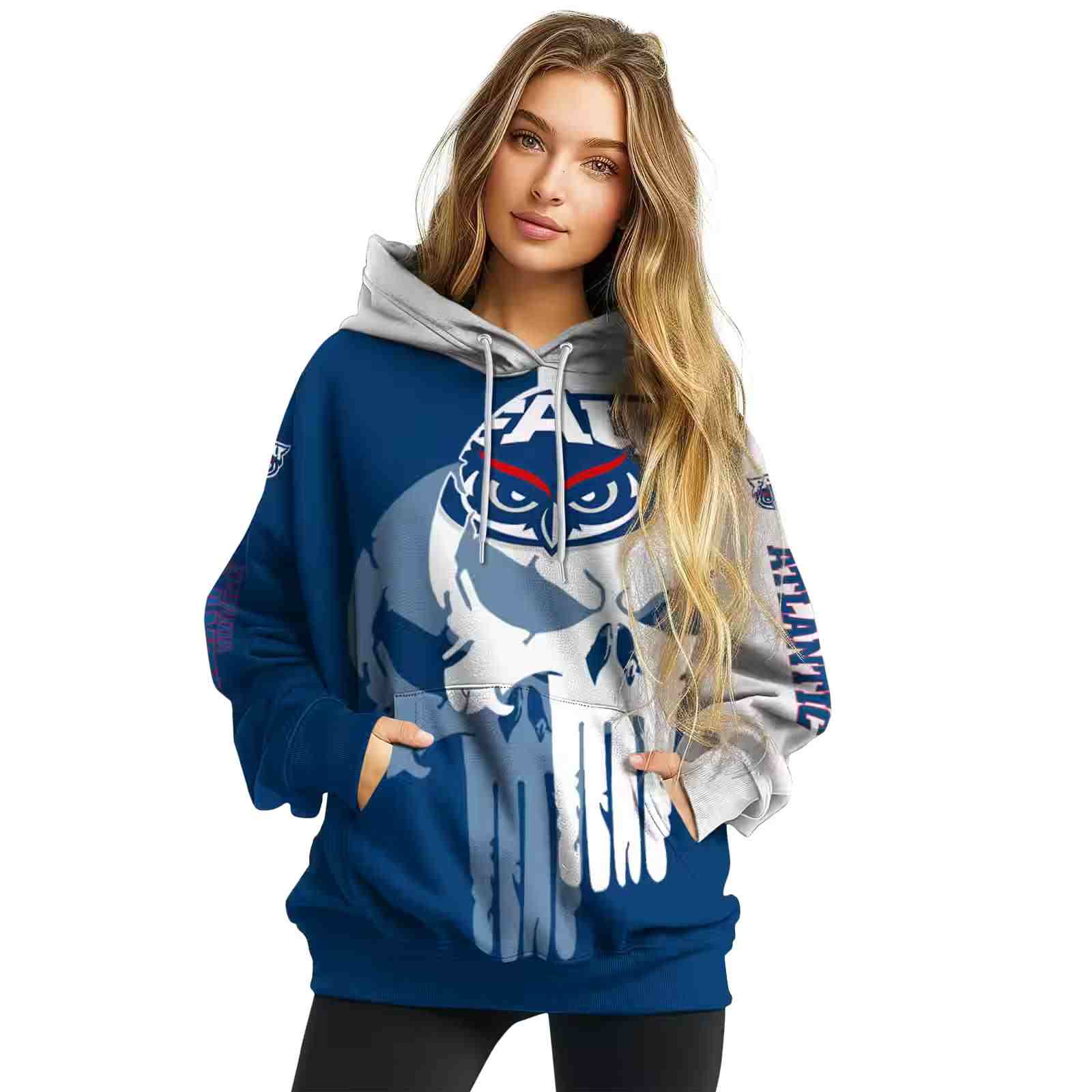 florida atlantic owls graphic punisher blue white hoodie high quality