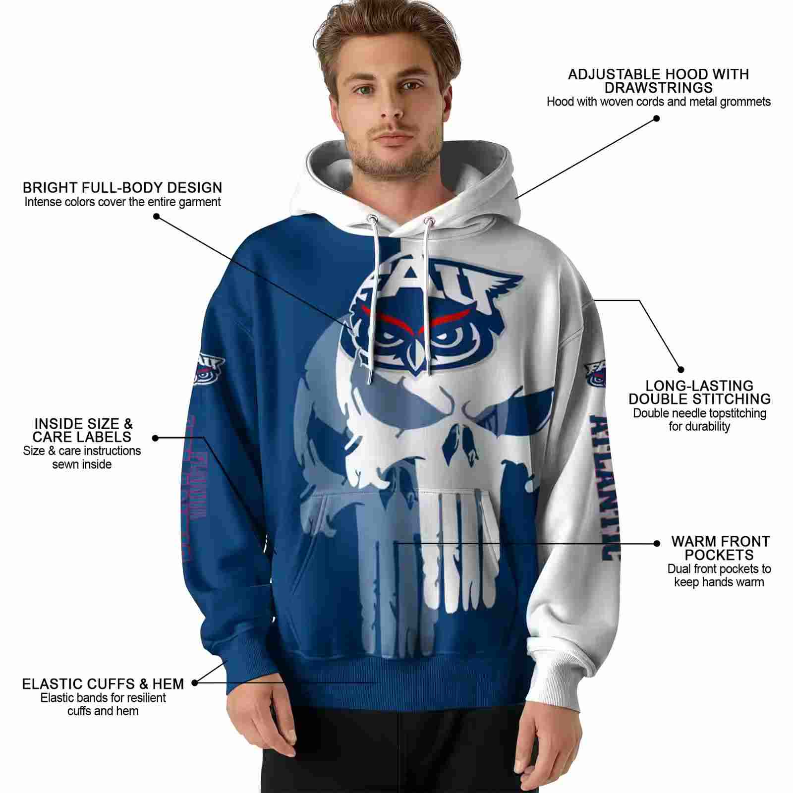 florida atlantic owls graphic punisher blue white hoodie latest model