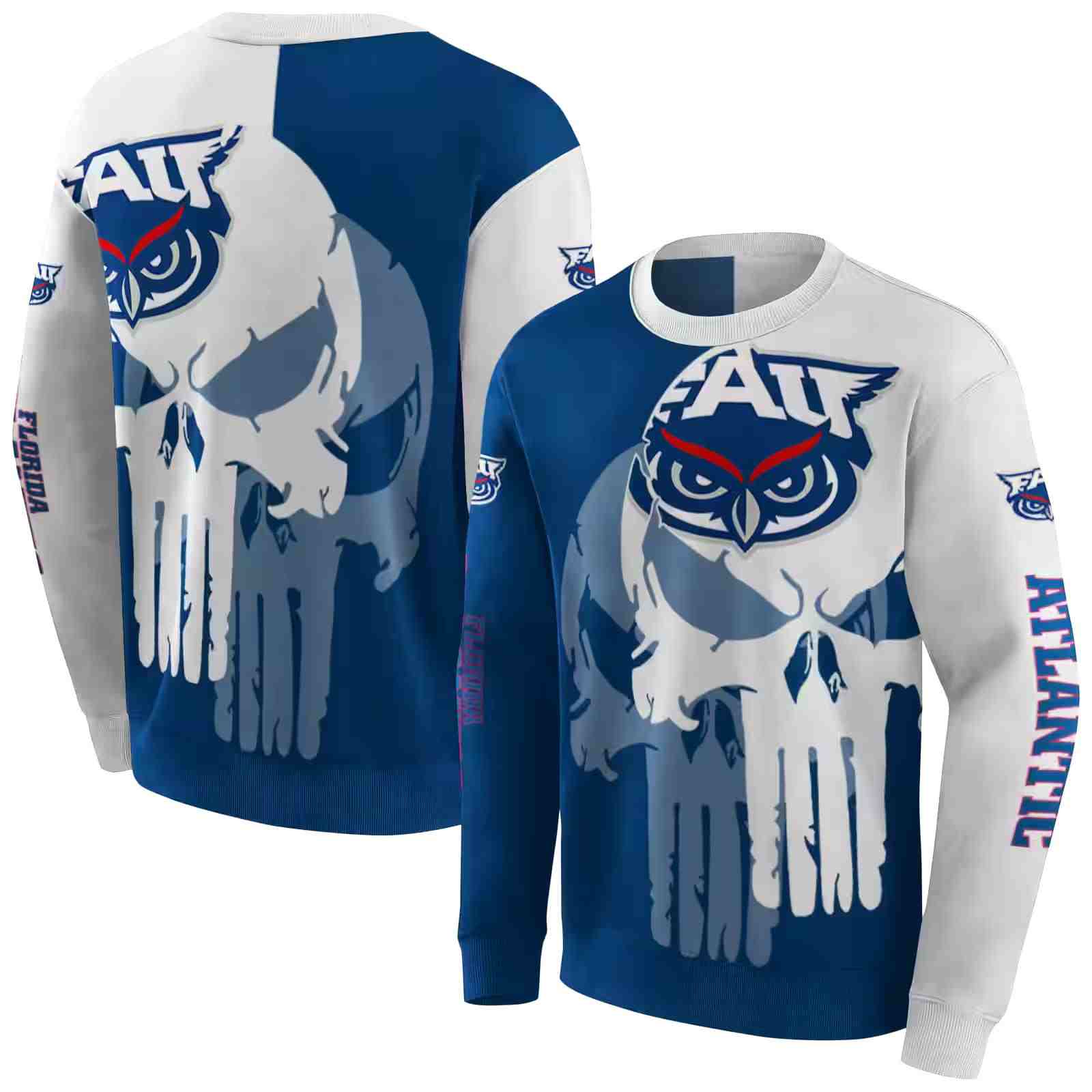 florida atlantic owls graphic punisher blue white hoodie premium grade