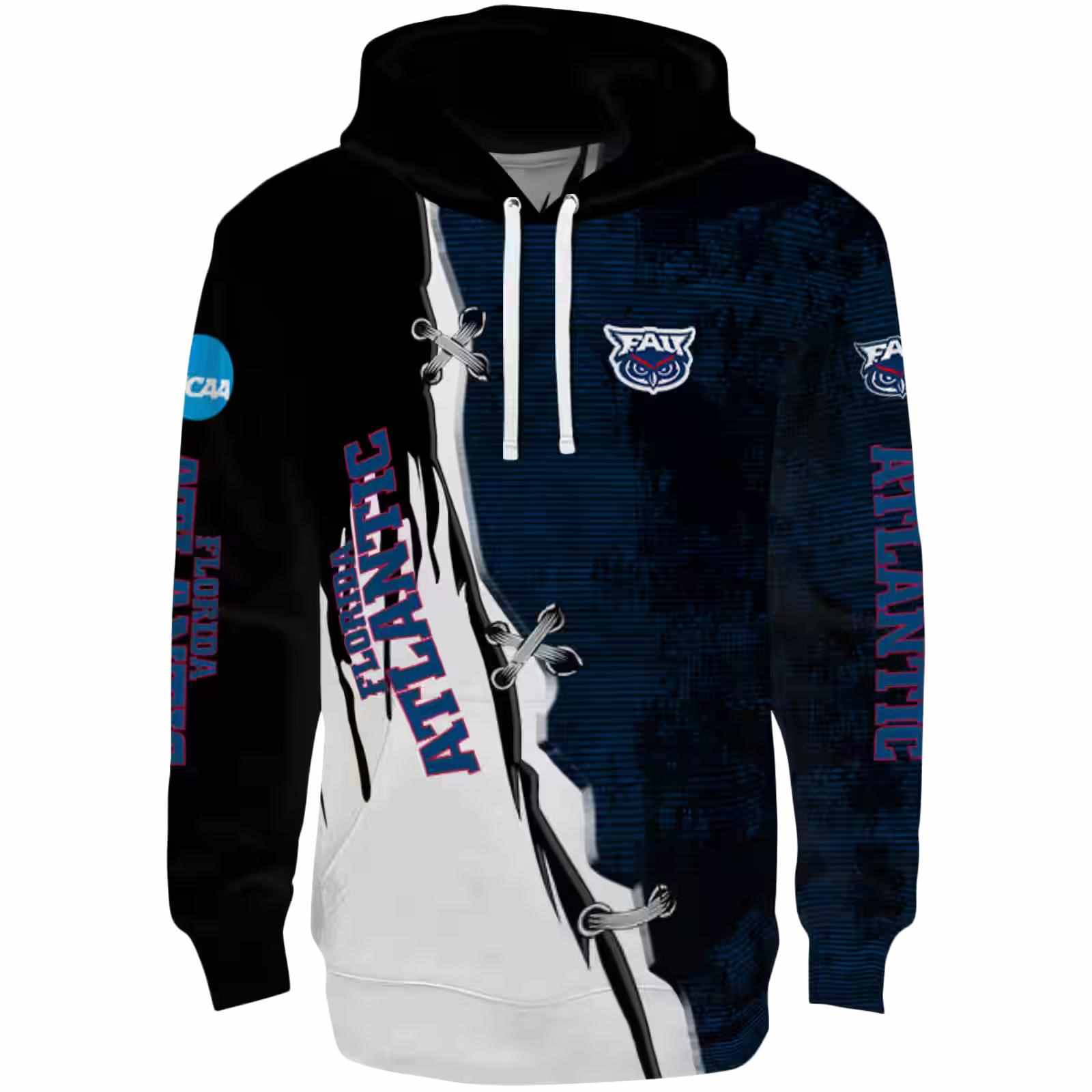 Florida Atlantic Owls Ripped Pattern Blue Black White Hoodie