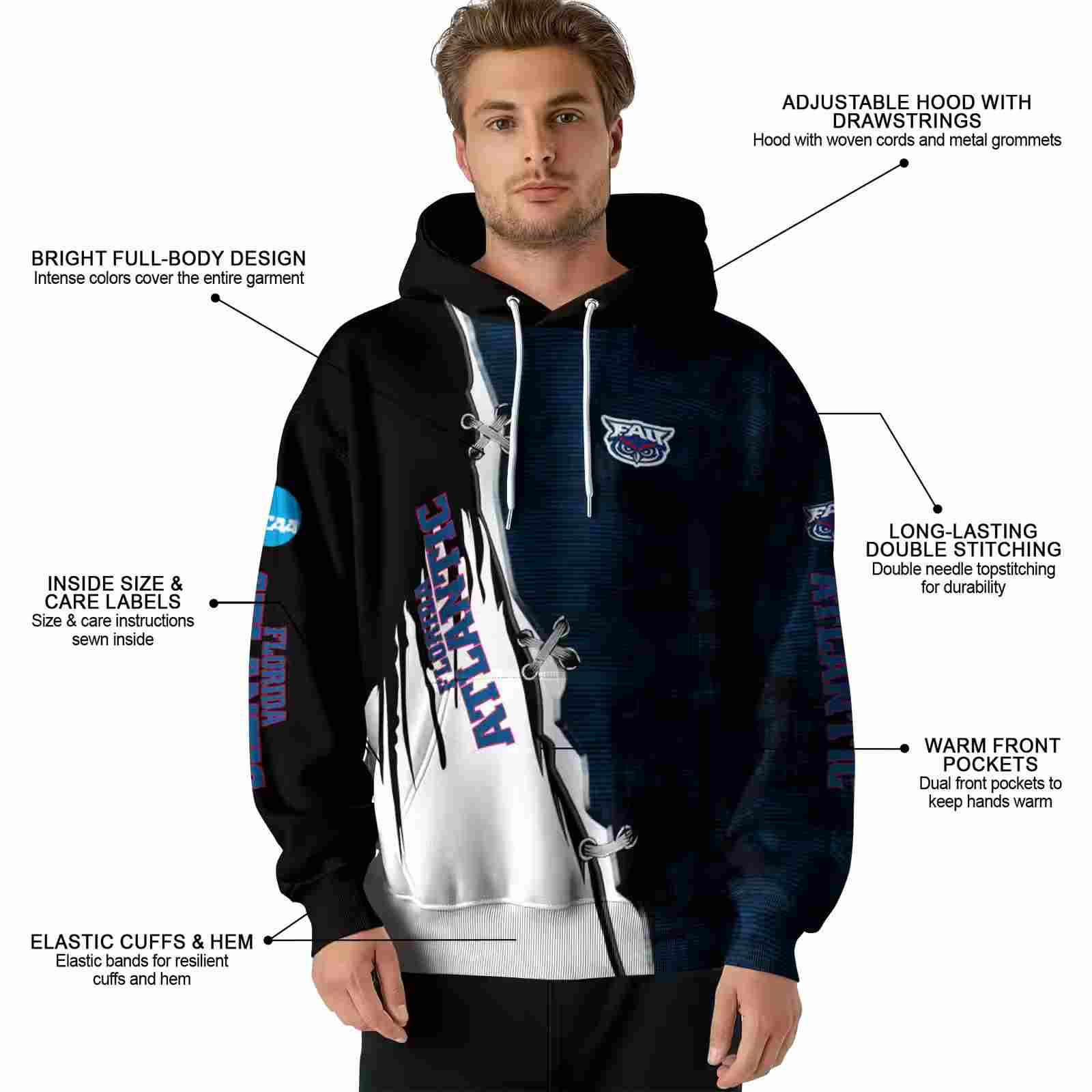 florida atlantic owls ripped pattern blue black white hoodie latest model