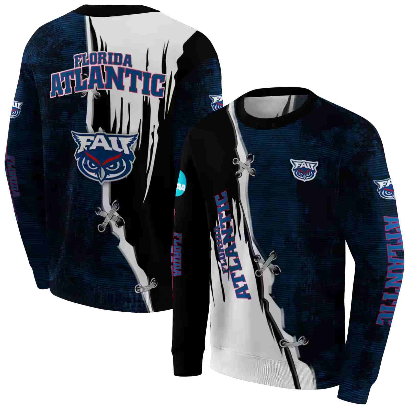 florida atlantic owls ripped pattern blue black white hoodie premium grade