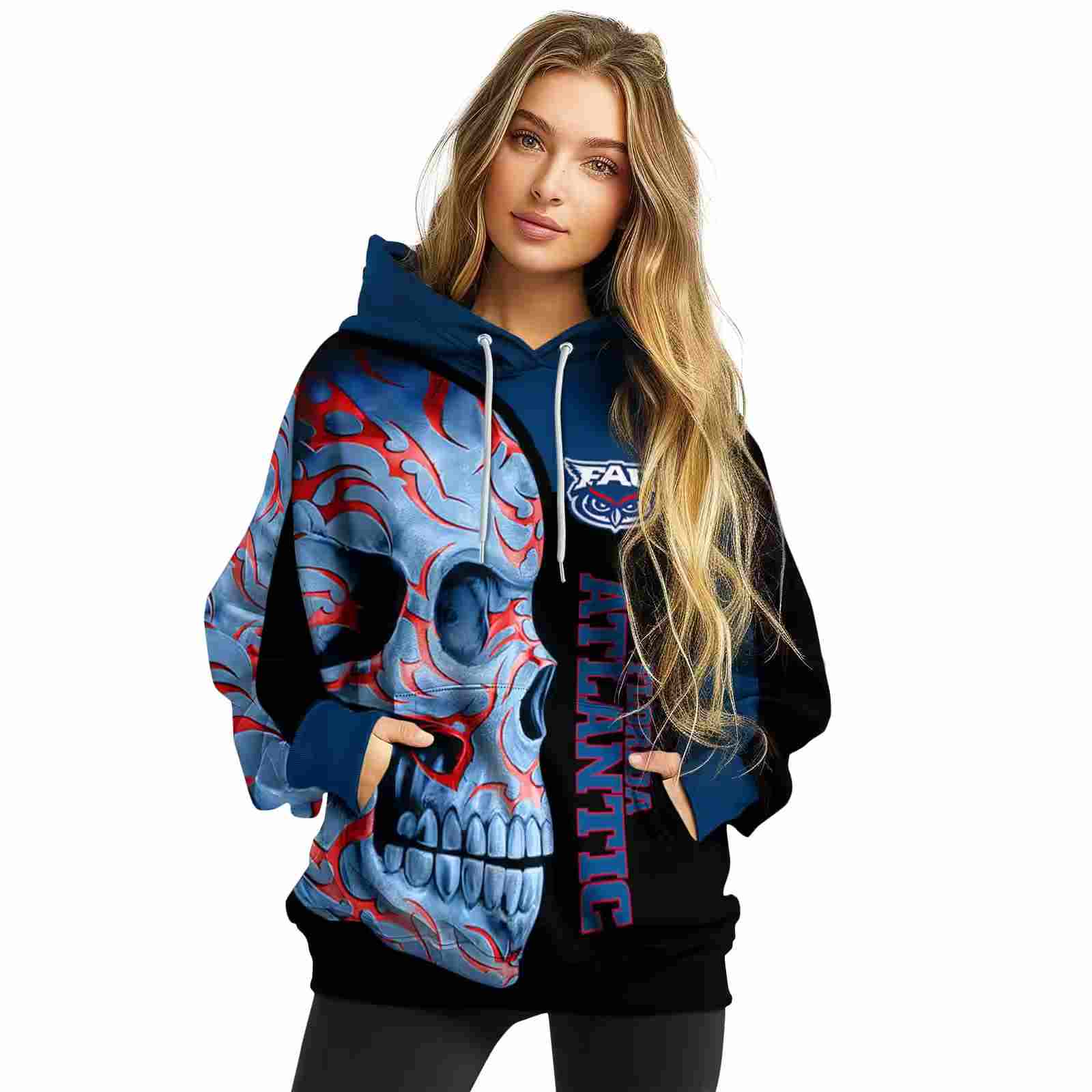 florida atlantic owls skull motif blue black hoodie high quality