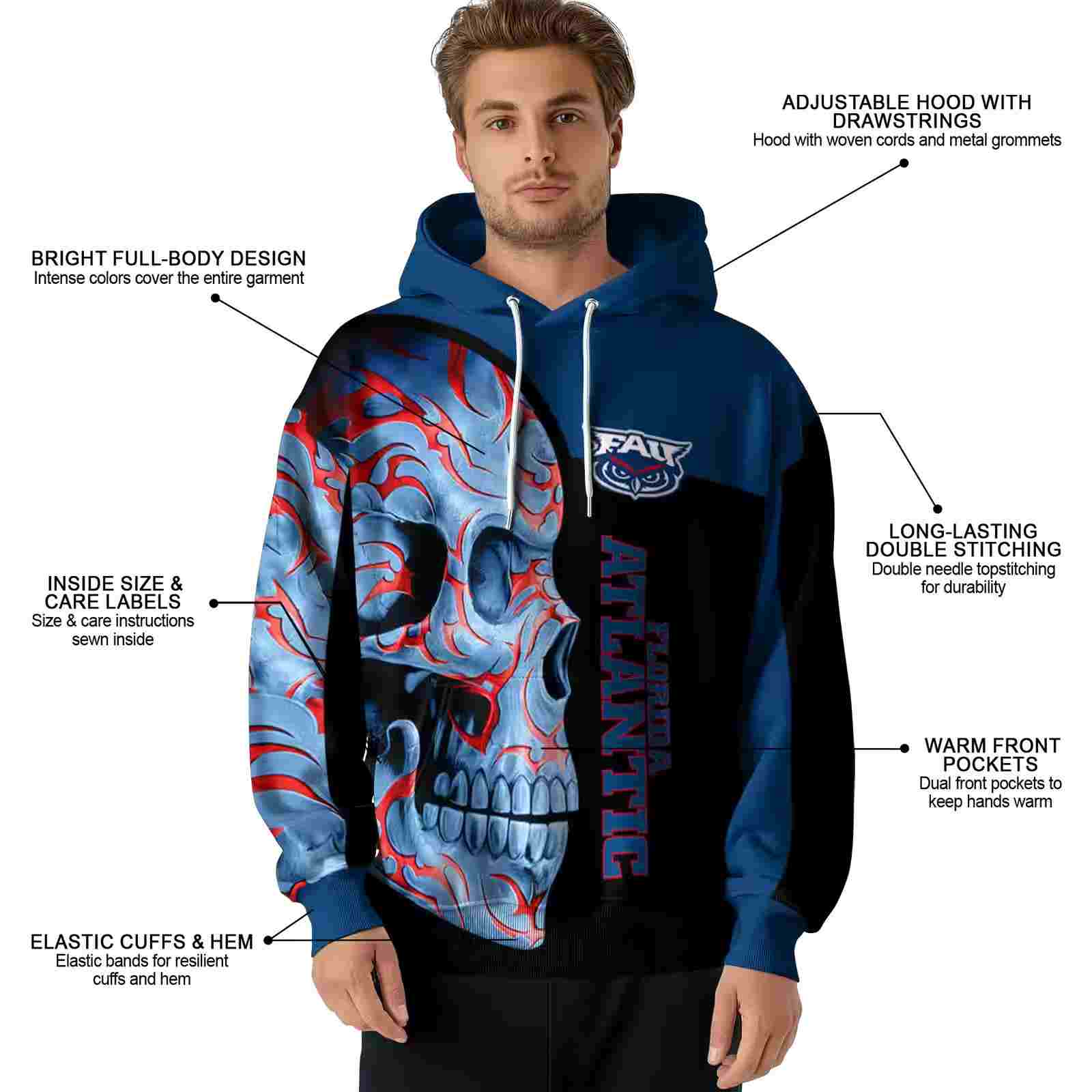 florida atlantic owls skull motif blue black hoodie latest model