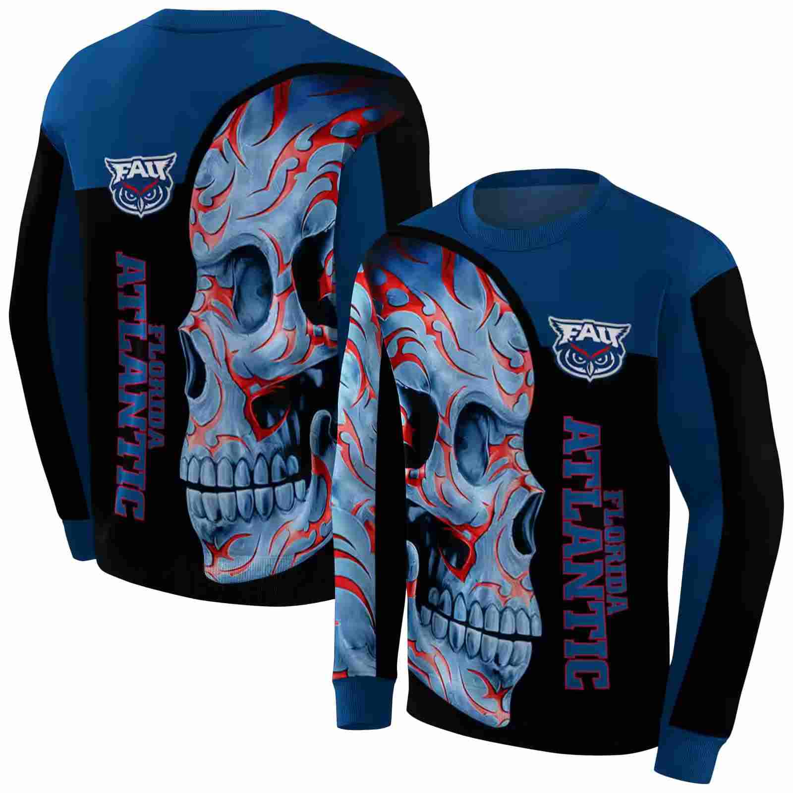 florida atlantic owls skull motif blue black hoodie premium grade