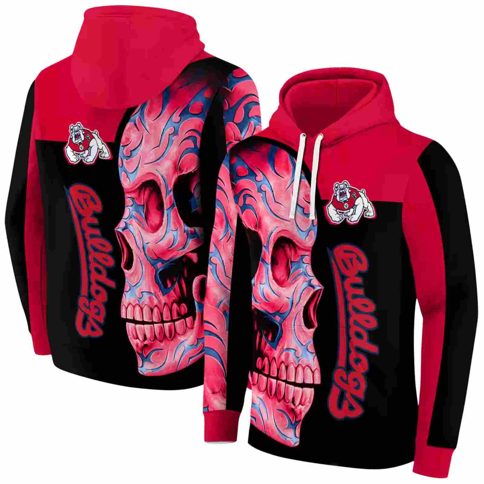 fresno state bulldogs skull motif red black hoodie fashion forward