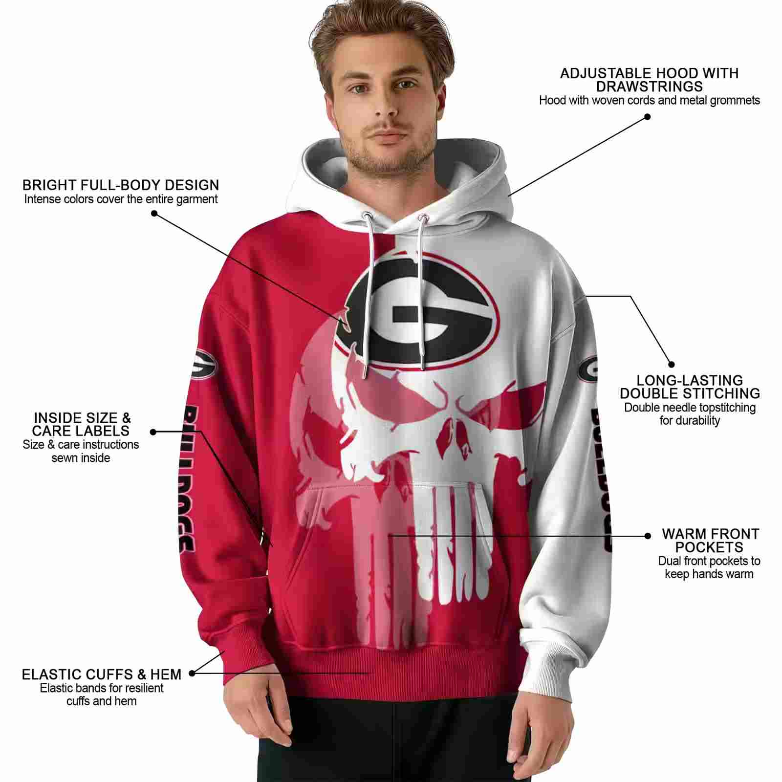 georgia bulldogs graphic punisher red white hoodie latest model