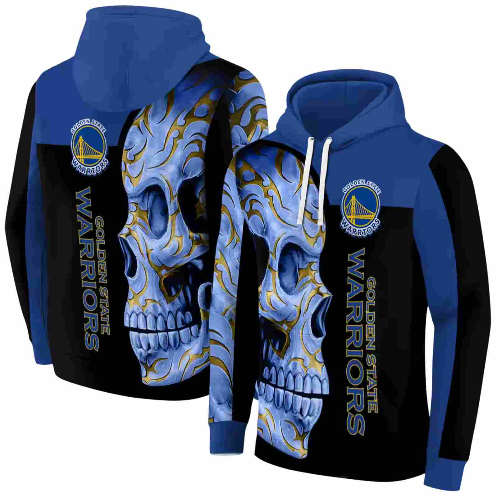 golden state warriors skull motif blue black hoodie fashion forward