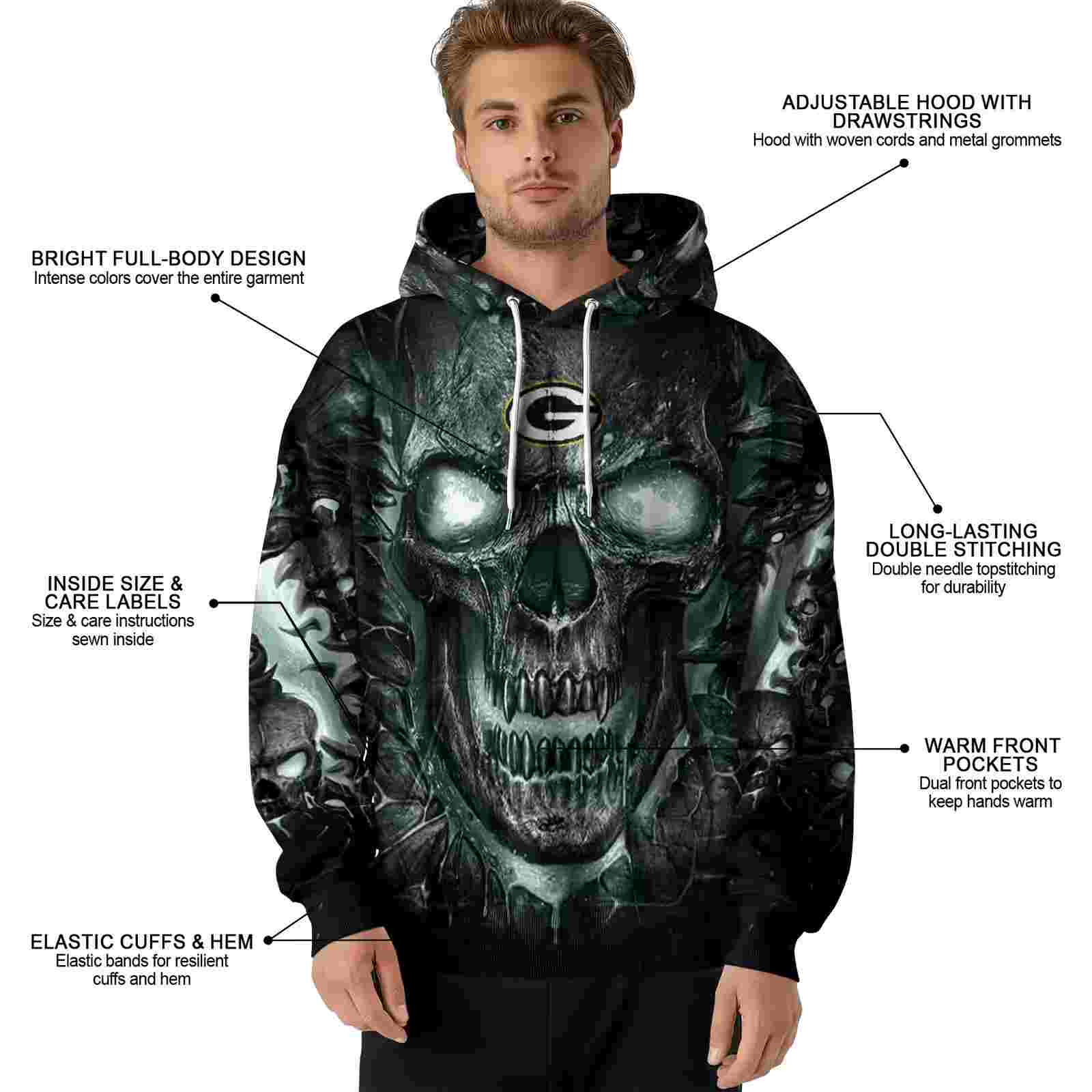 green bay packers demonic skull green black hoodie latest model