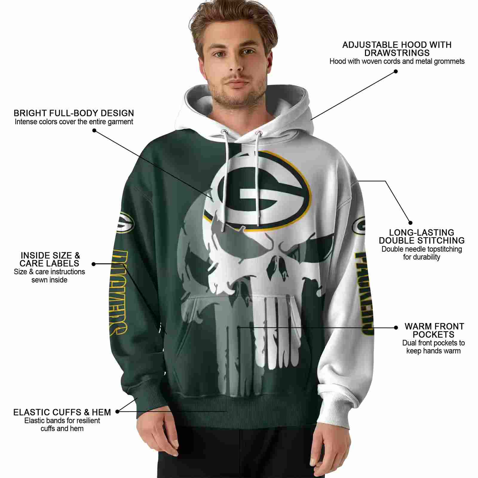 green bay packers graphic punisher green white hoodie latest model