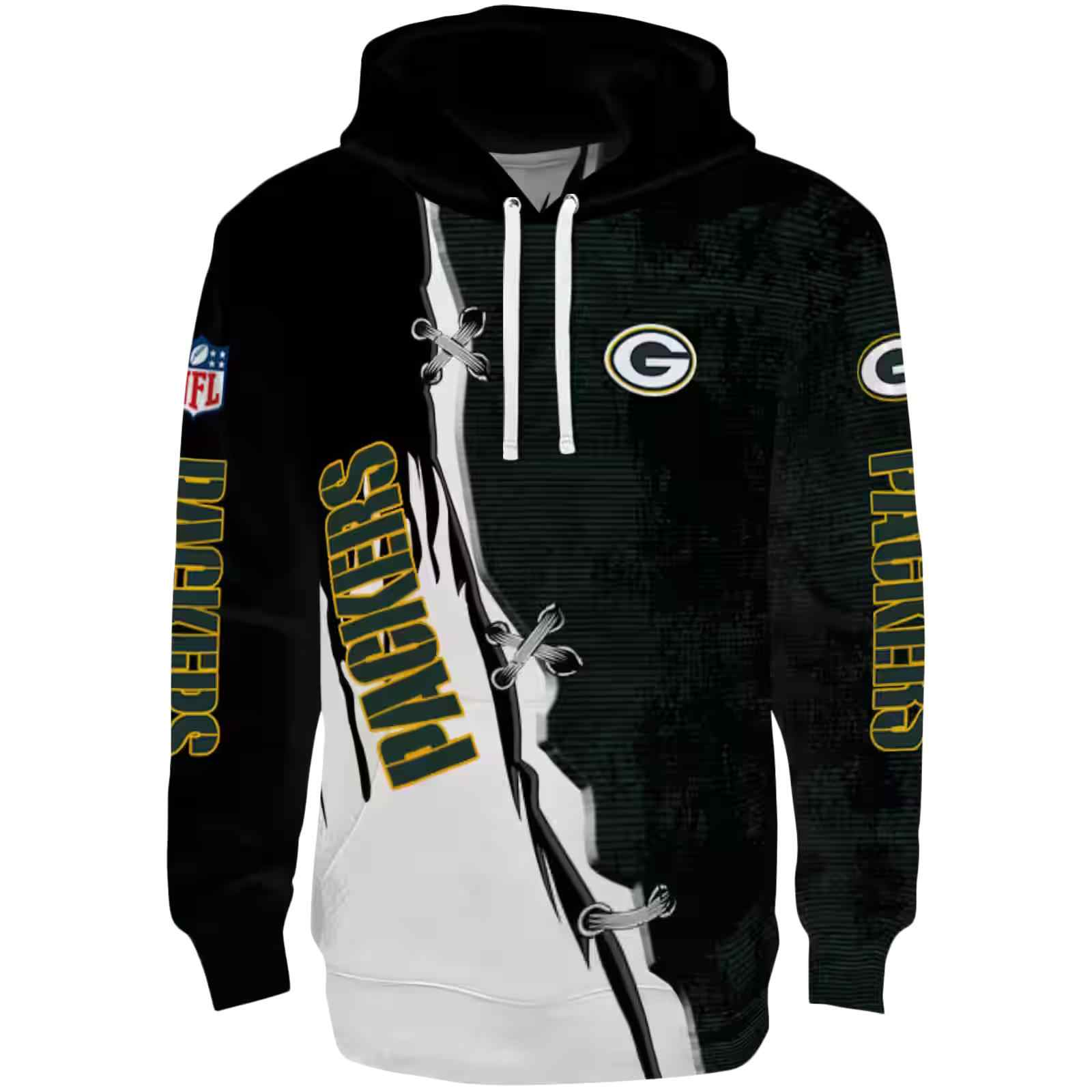 Green Bay Packers Ripped Pattern Green Black White Hoodie