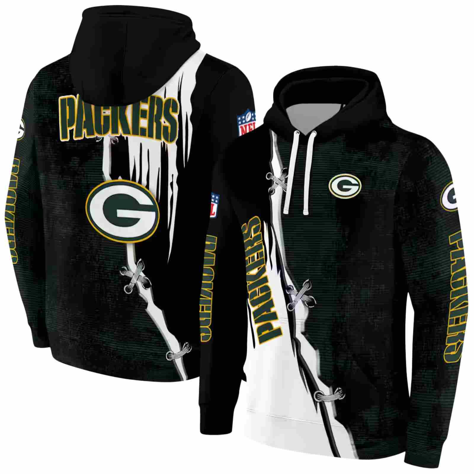 green bay packers ripped pattern green black white hoodie fashion forward