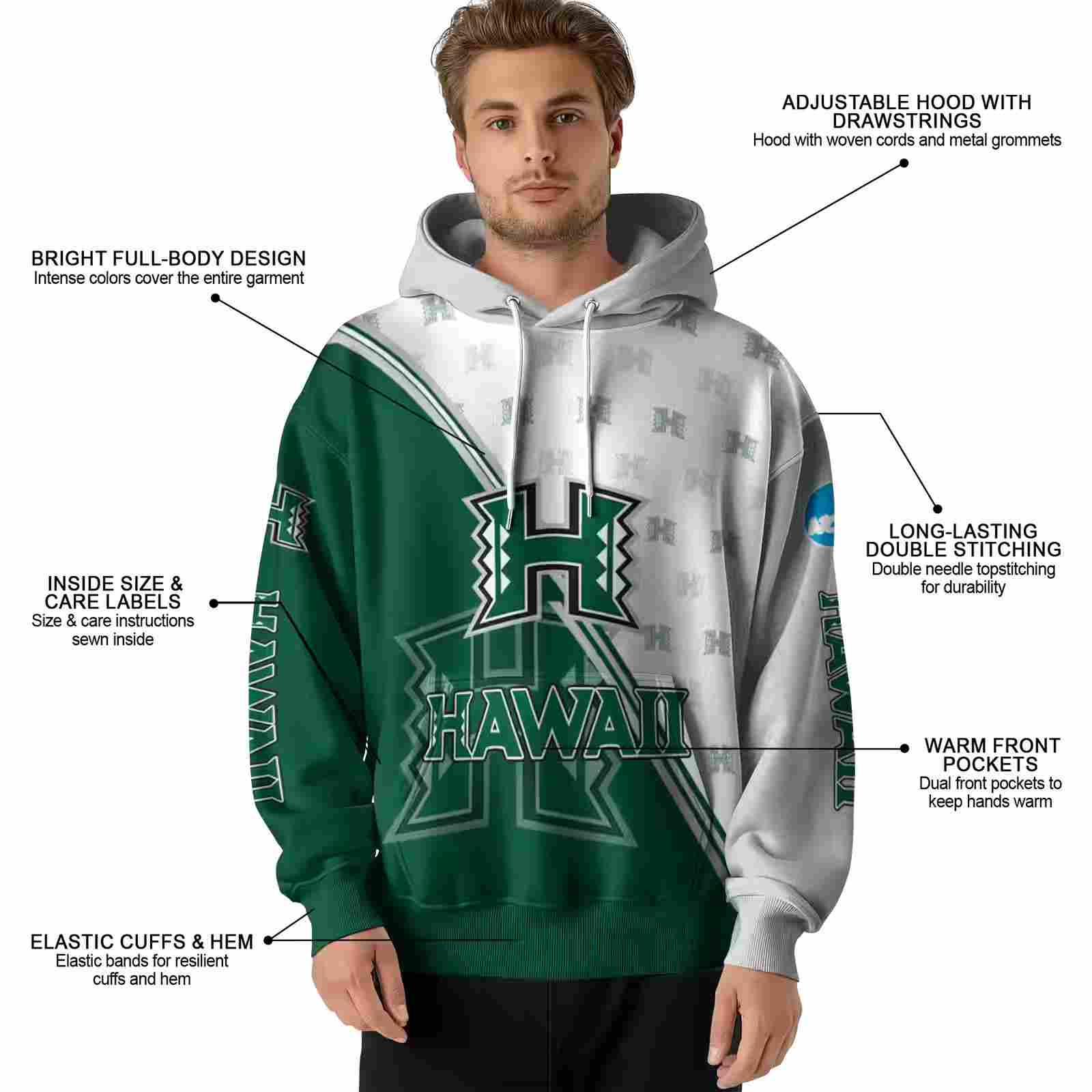 hawaii rainbow warriors diagonal stripe green white hoodie latest model