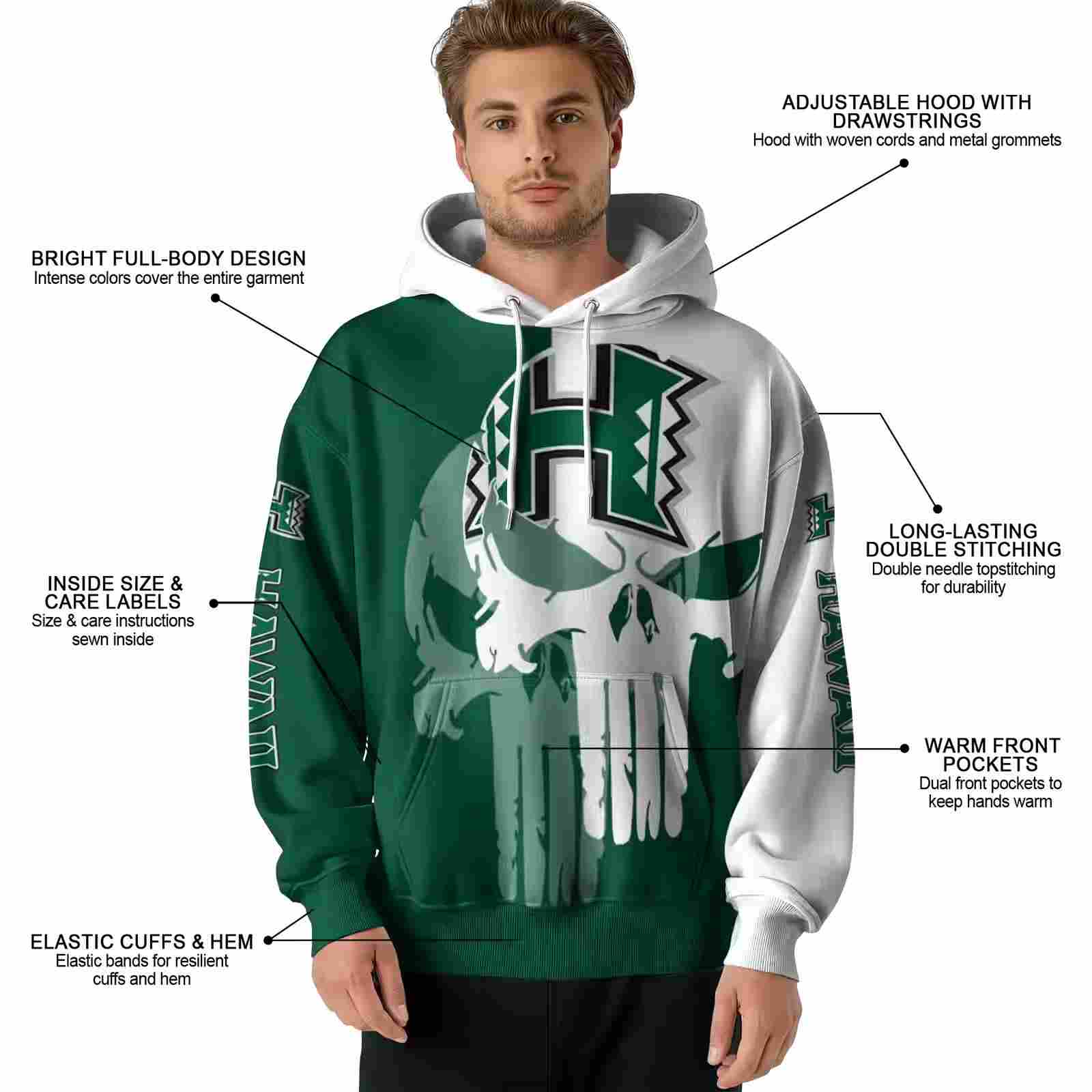 hawaii rainbow warriors graphic punisher green white hoodie latest model