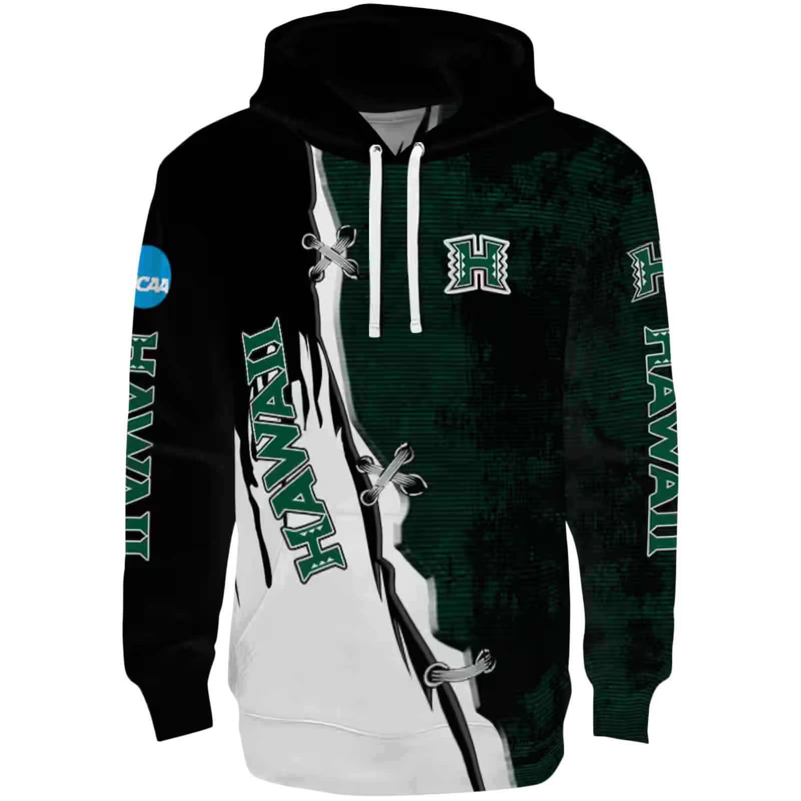 Hawaii Rainbow Warriors Ripped Pattern Green Black White Hoodie