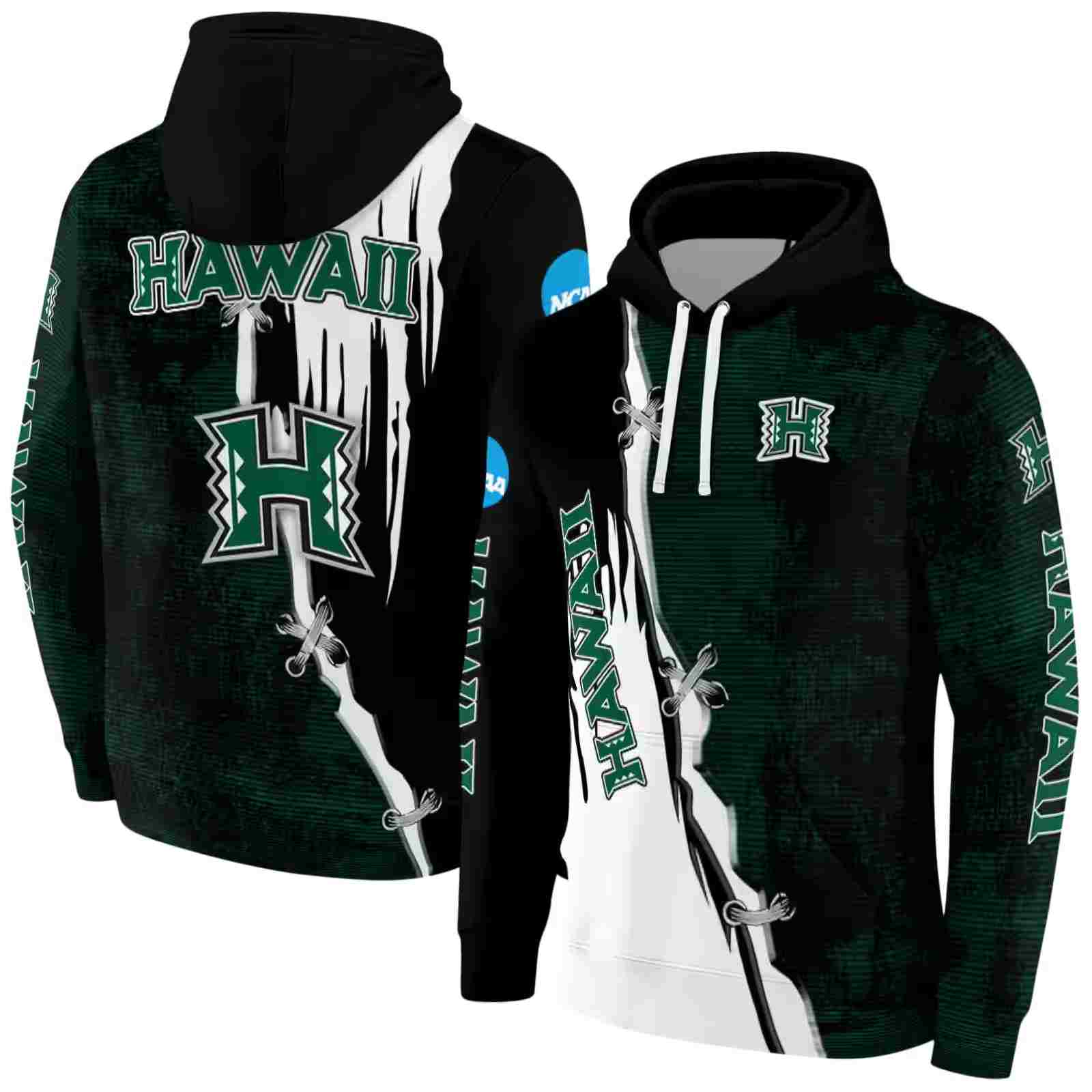 hawaii rainbow warriors ripped pattern green black white hoodie fashion forward