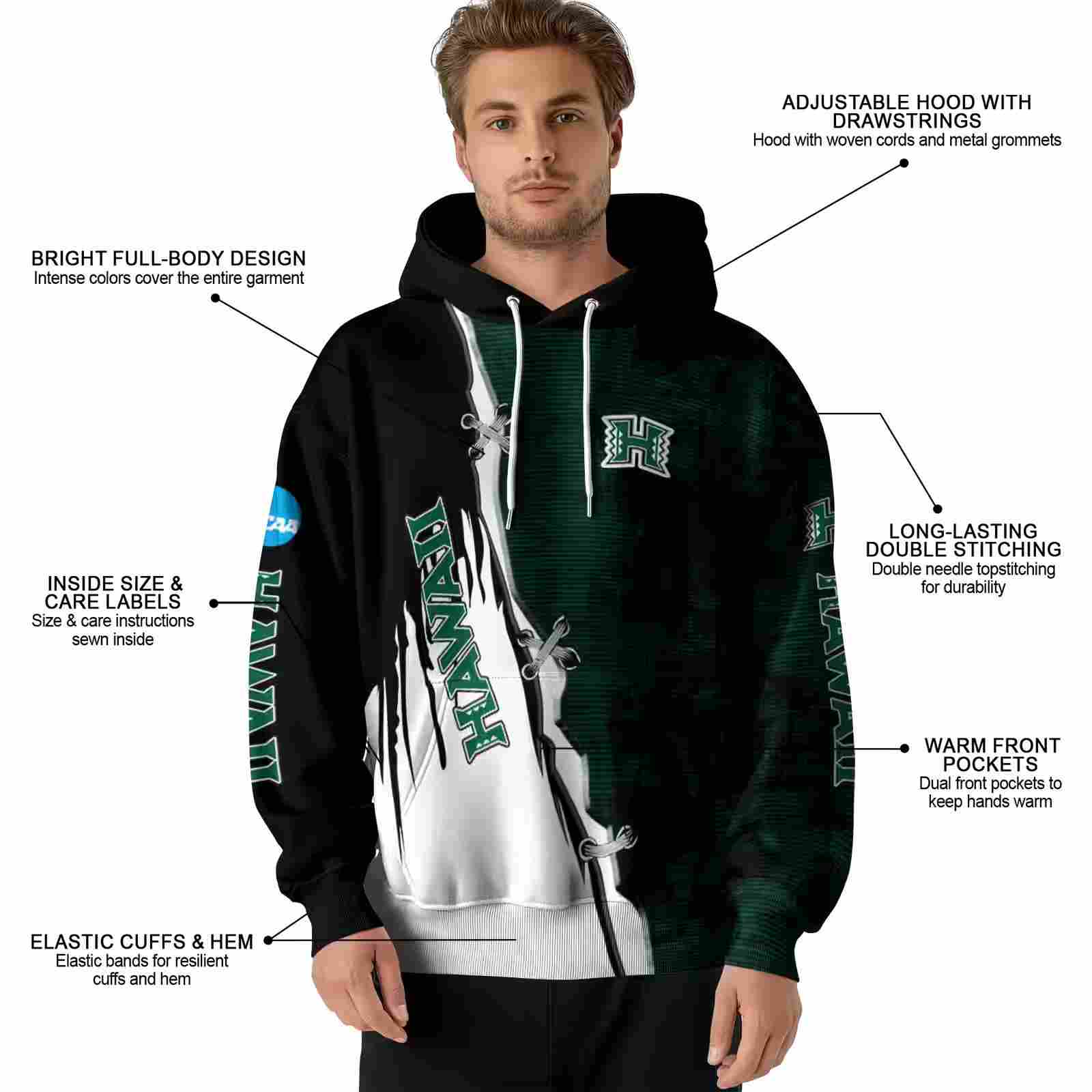 hawaii rainbow warriors ripped pattern green black white hoodie latest model