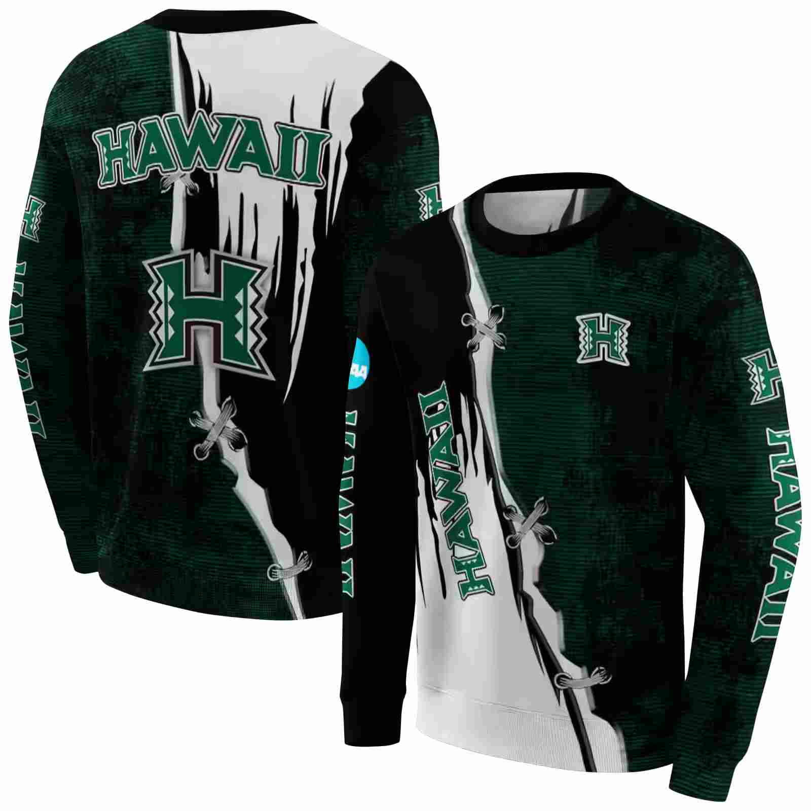 hawaii rainbow warriors ripped pattern green black white hoodie premium grade