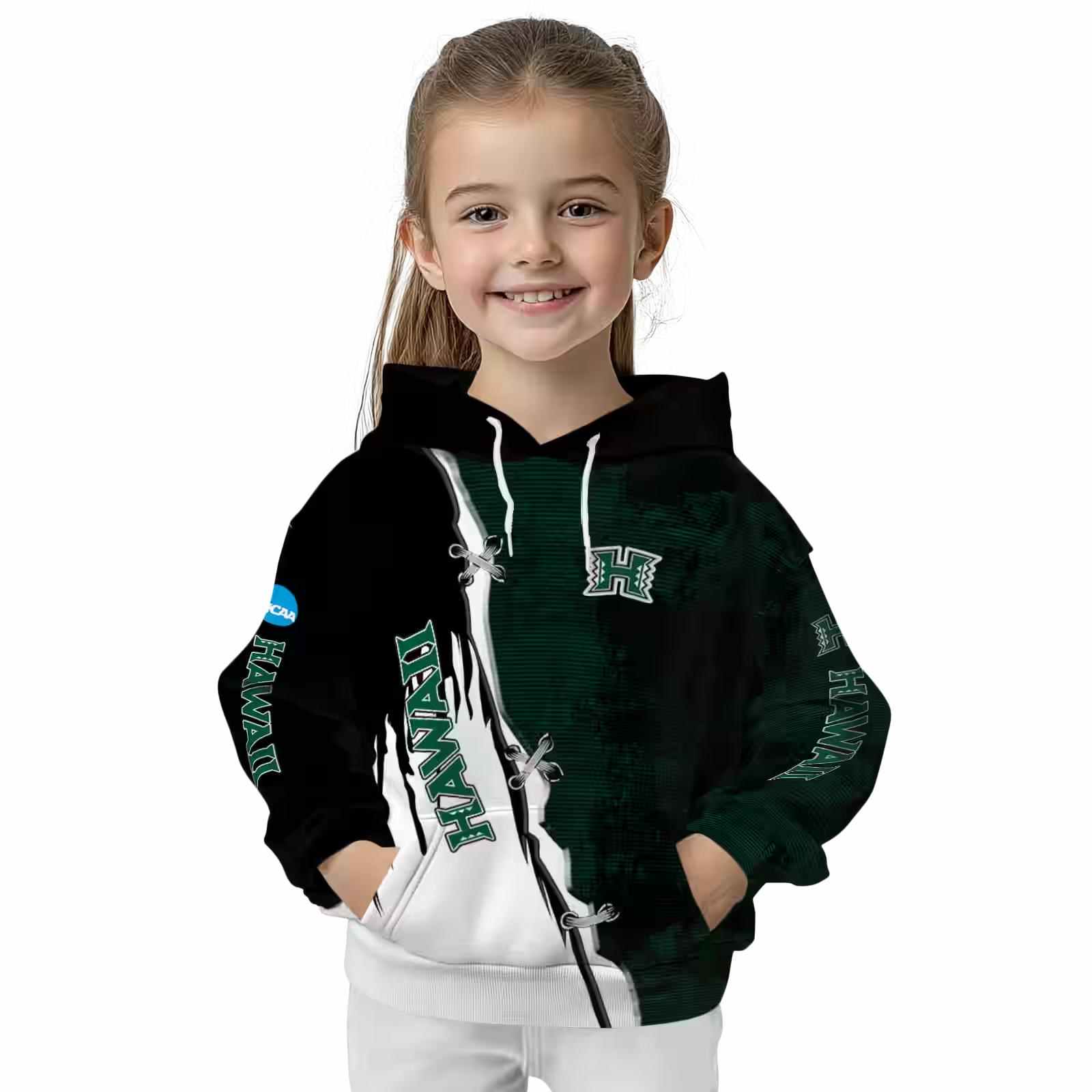 hawaii rainbow warriors ripped pattern green black white hoodie top rated