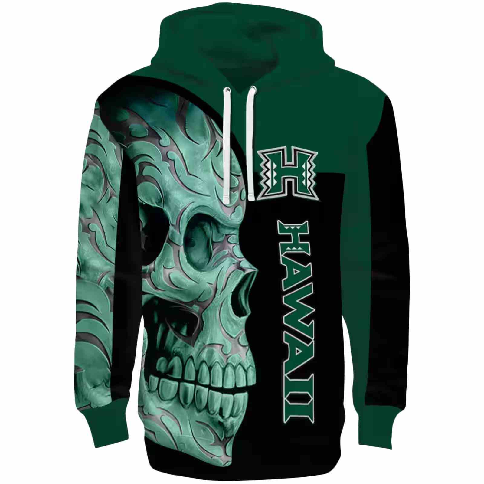 Hawaii Rainbow Warriors Skull Motif Green Black Hoodie