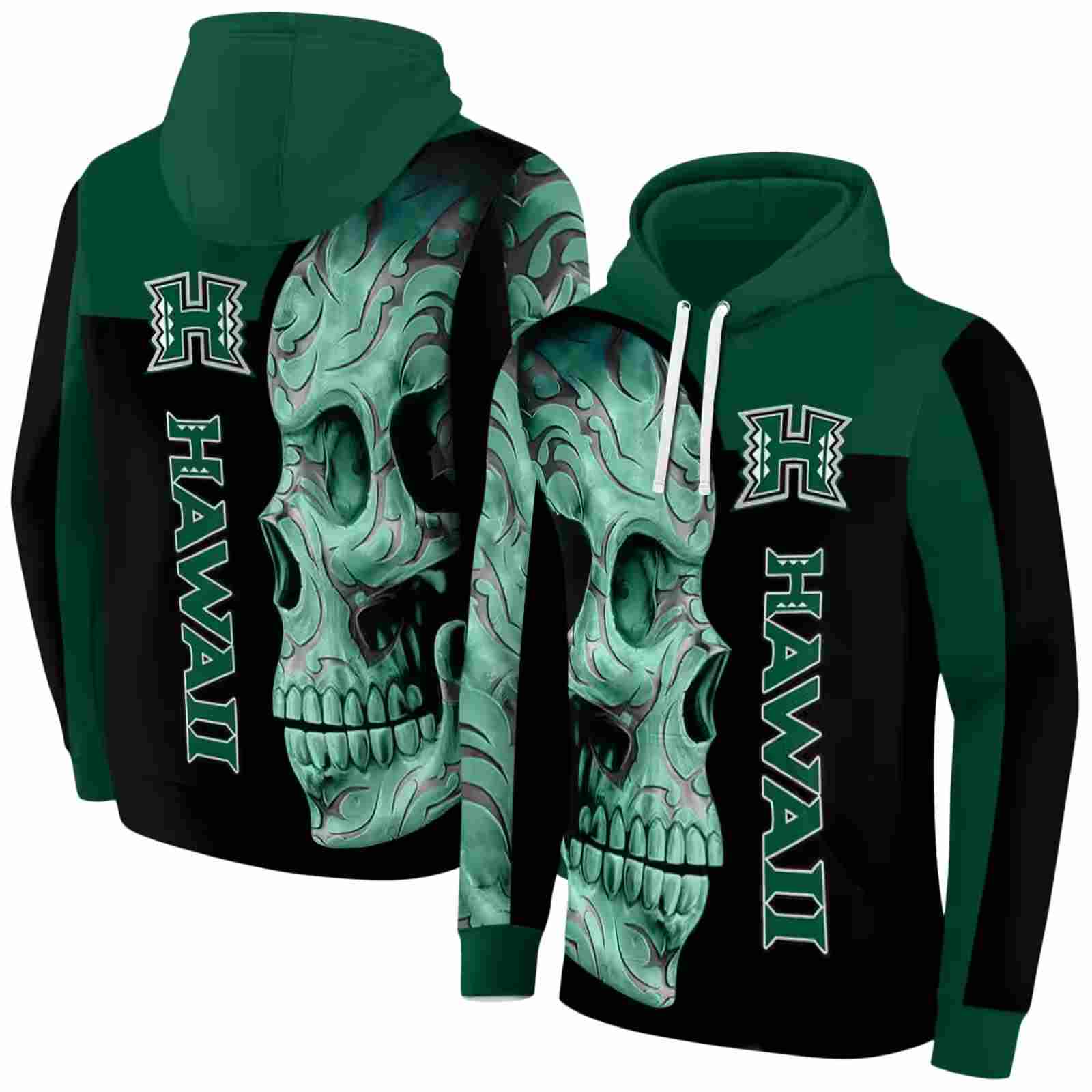 hawaii rainbow warriors skull motif green black hoodie fashion forward