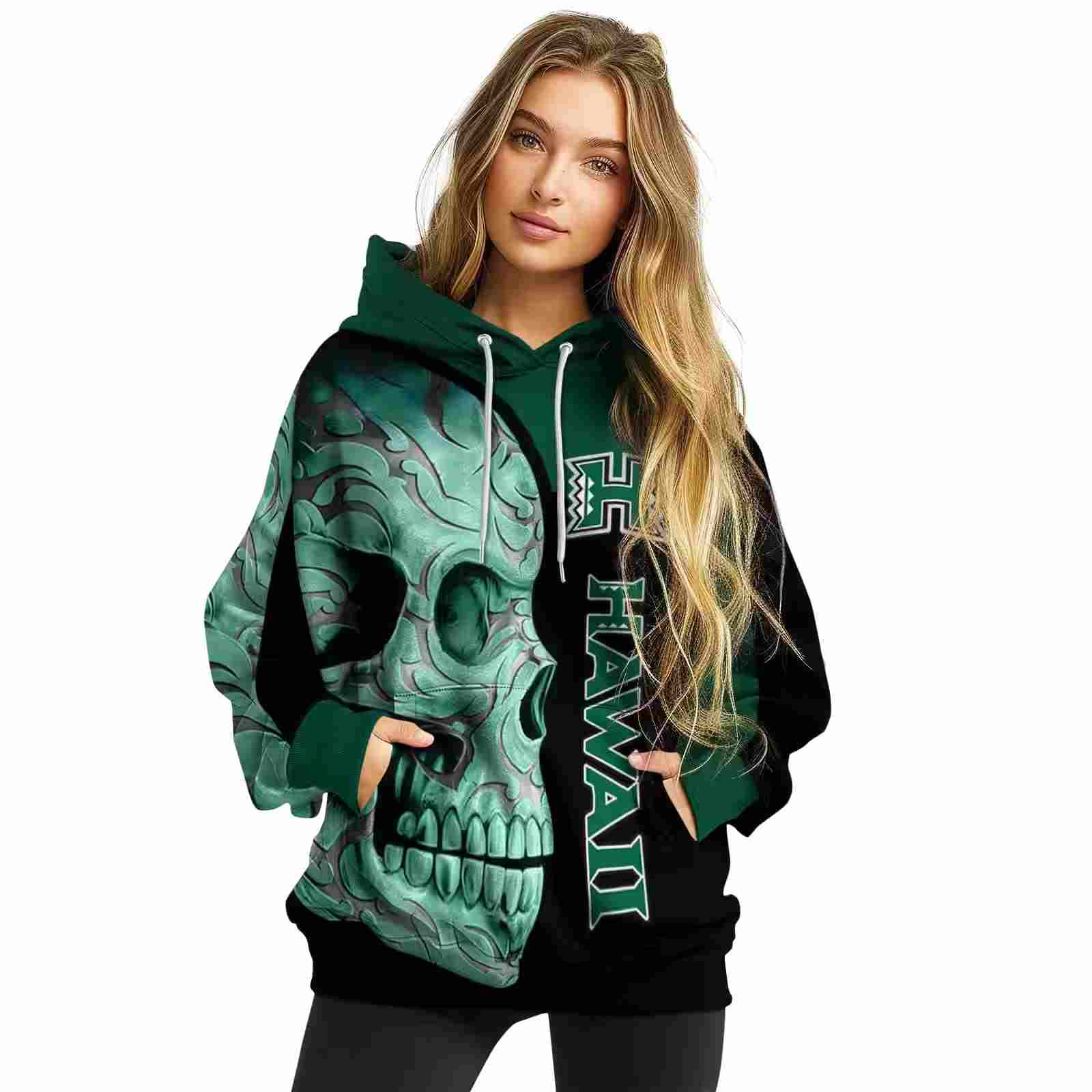 hawaii rainbow warriors skull motif green black hoodie high quality