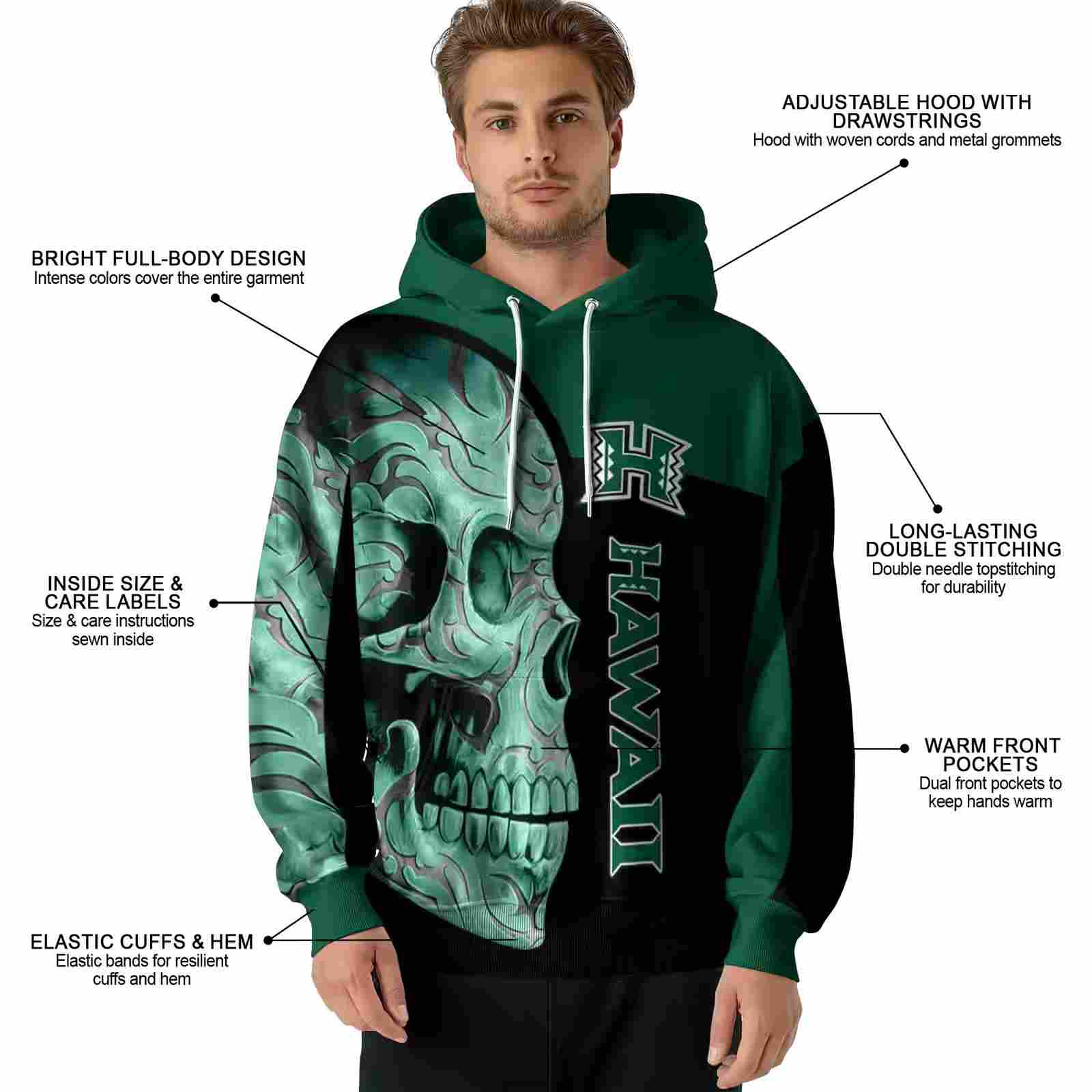 hawaii rainbow warriors skull motif green black hoodie latest model