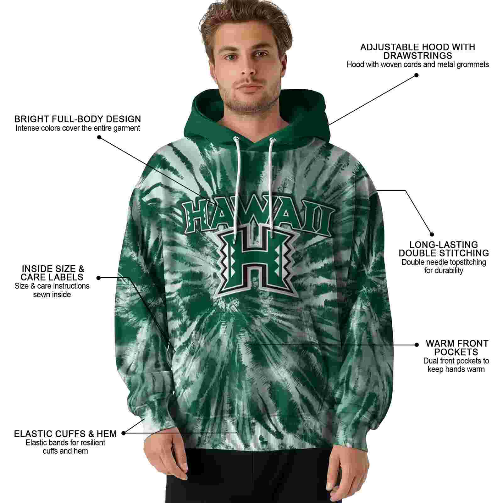 hawaii rainbow warriors tie dye pattern green hoodie latest model