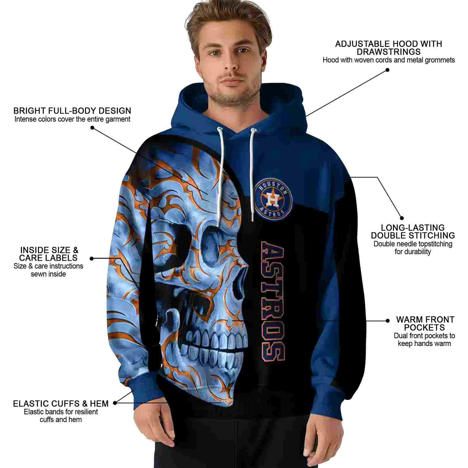 houston astros skull motif blue black hoodie latest model