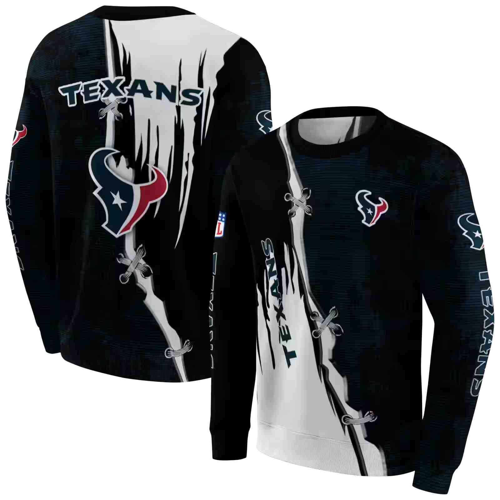 houston texans ripped pattern blue black white hoodie premium grade