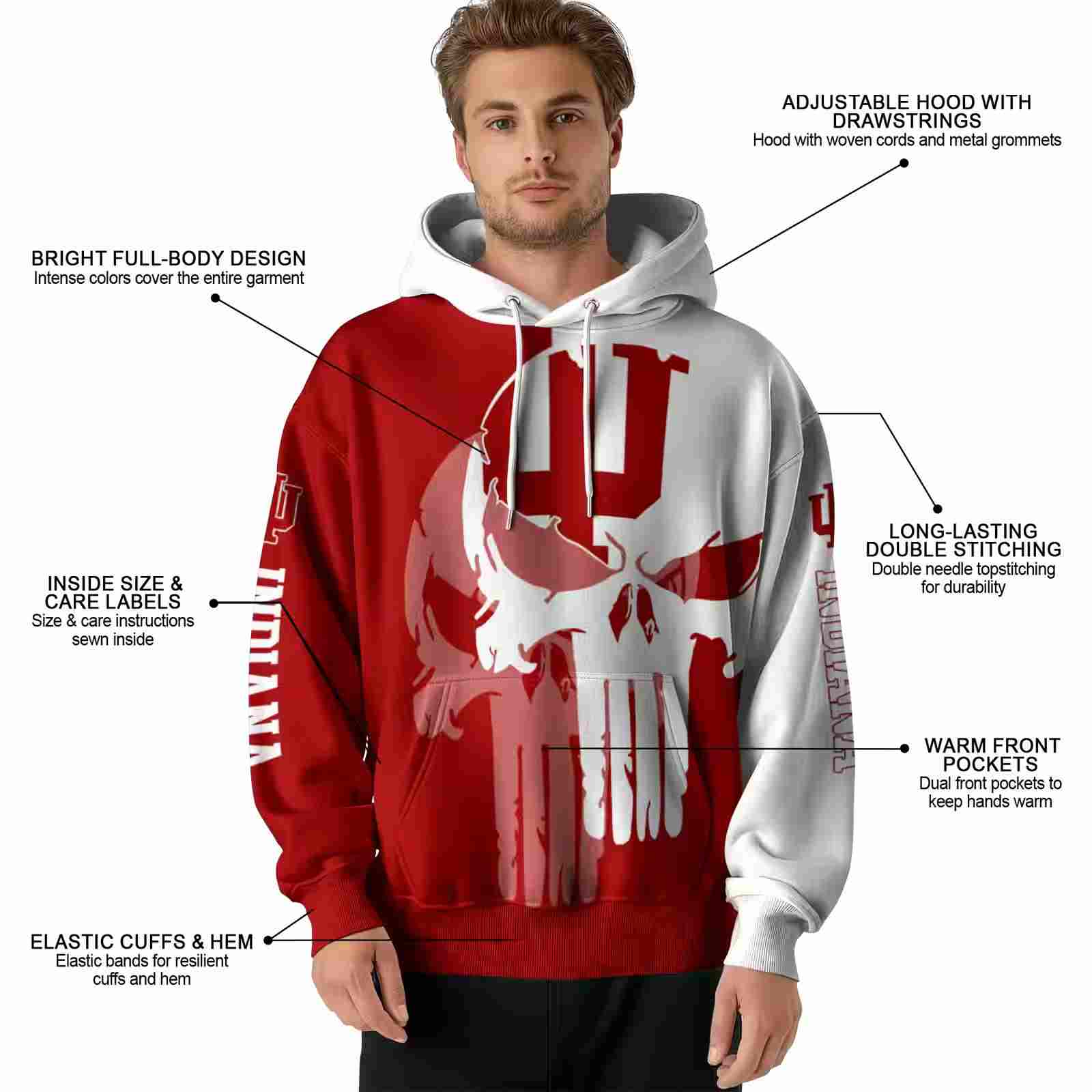 indiana hoosiers graphic punisher red white hoodie latest model