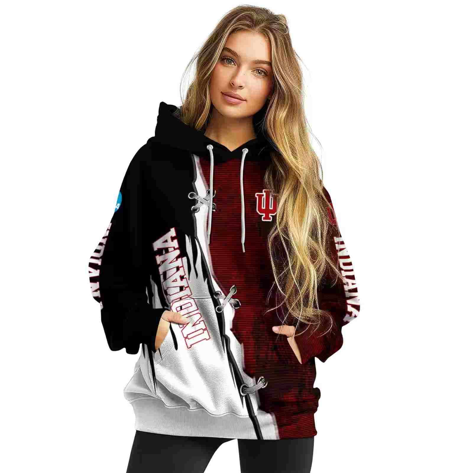 indiana hoosiers ripped pattern red black white hoodie high quality