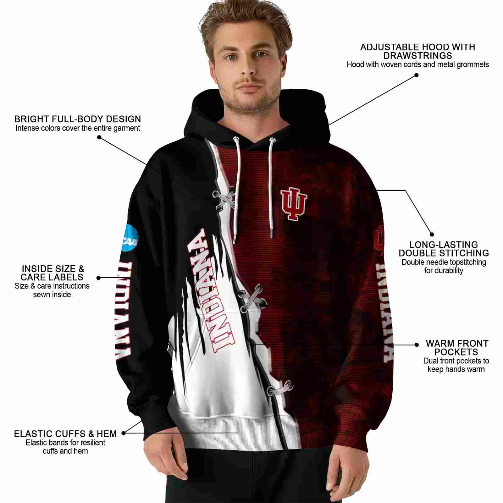 indiana hoosiers ripped pattern red black white hoodie latest model