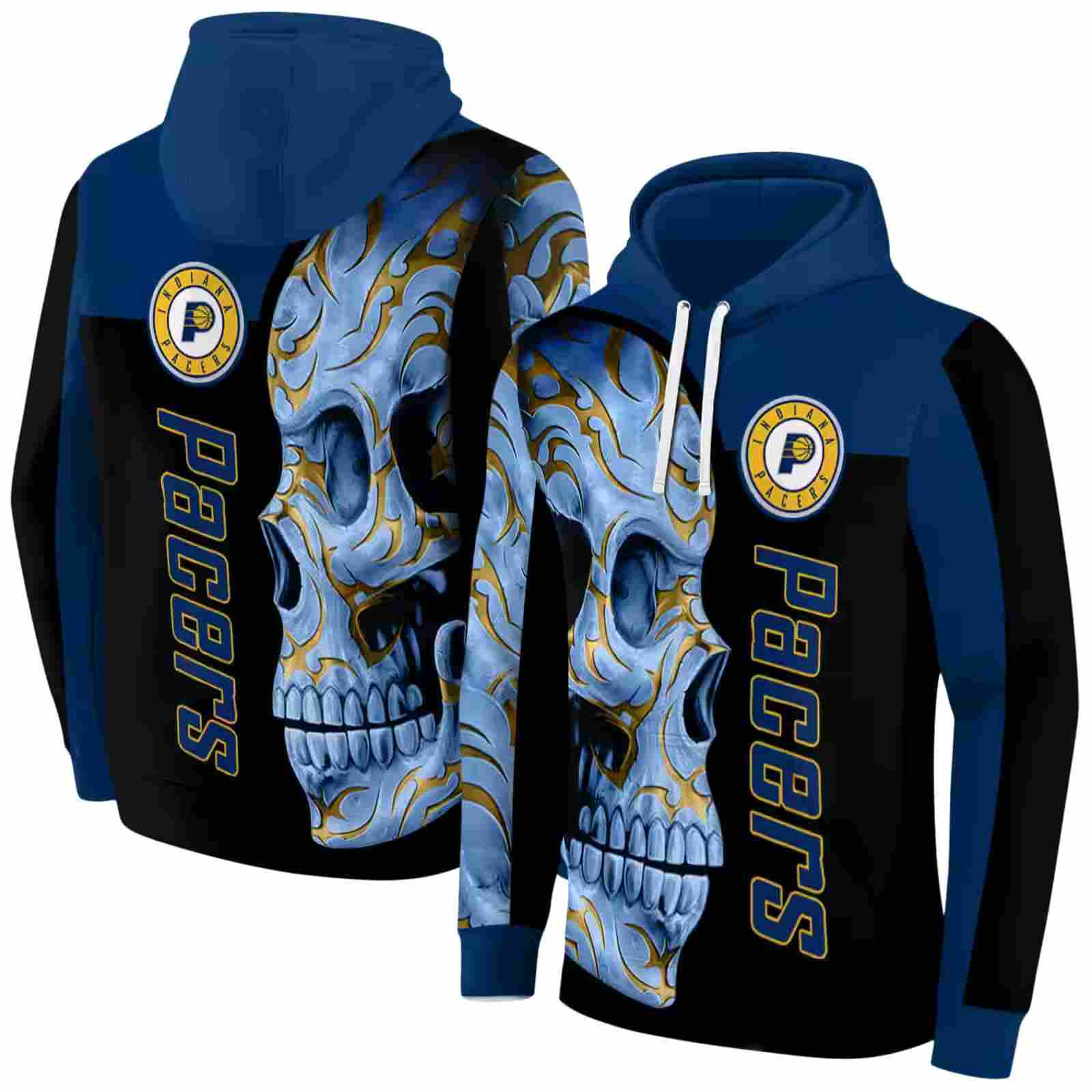 indiana pacers skull motif blue black hoodie fashion forward