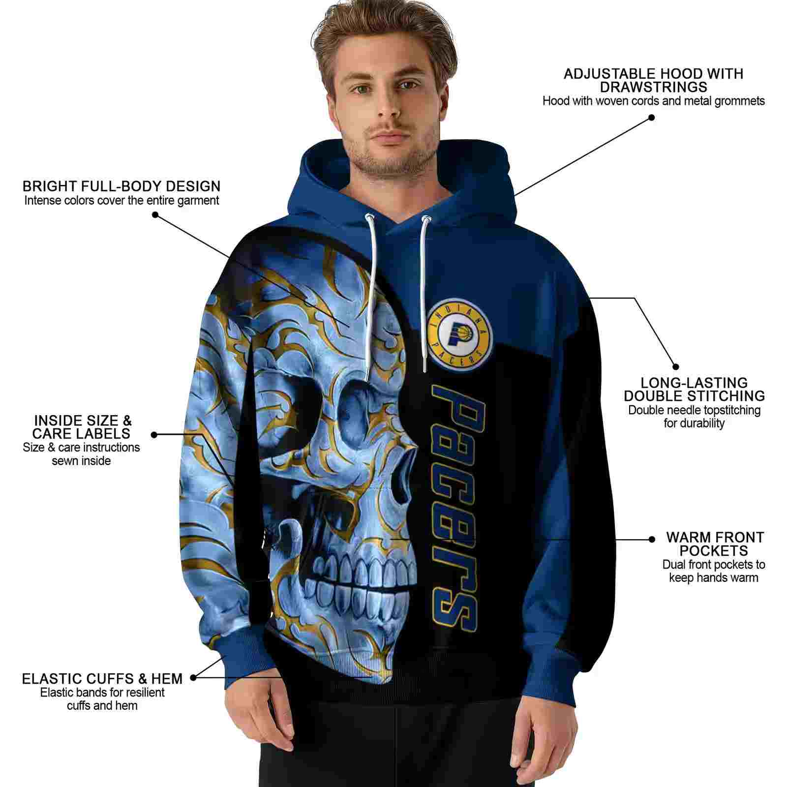 indiana pacers skull motif blue black hoodie latest model