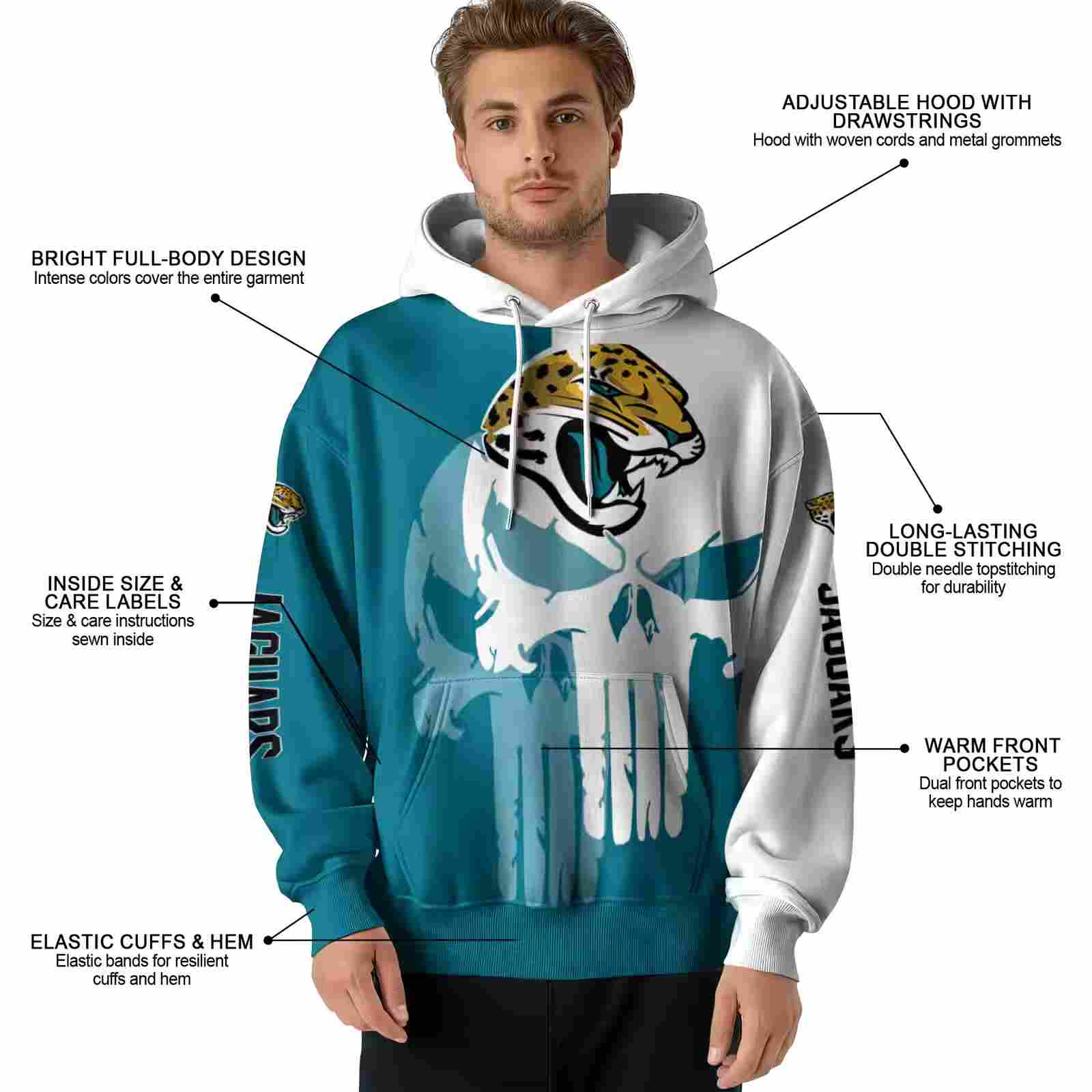 jacksonville jaguars graphic punisher teal white hoodie latest model