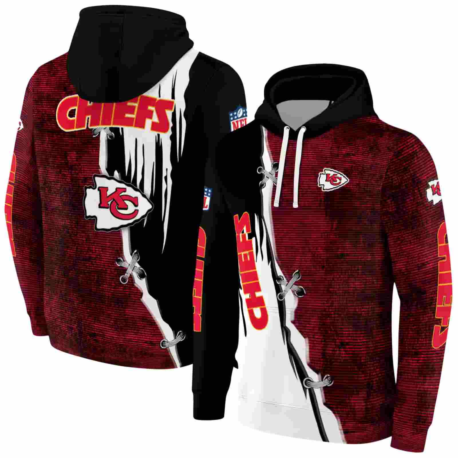 kansas city chiefs ripped pattern red black white hoodie fashion forward