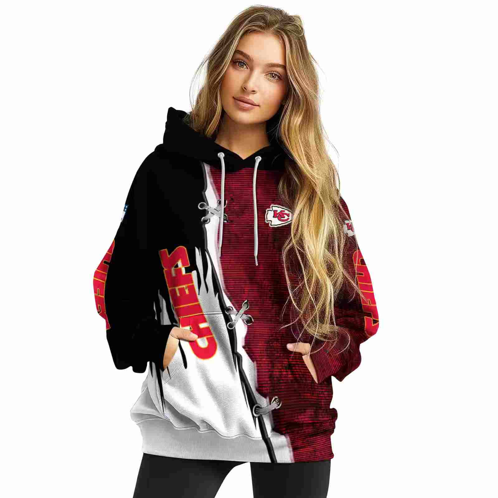 kansas city chiefs ripped pattern red black white hoodie high quality