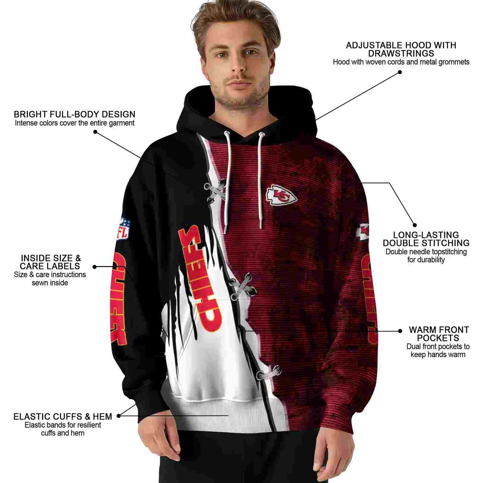 kansas city chiefs ripped pattern red black white hoodie latest model