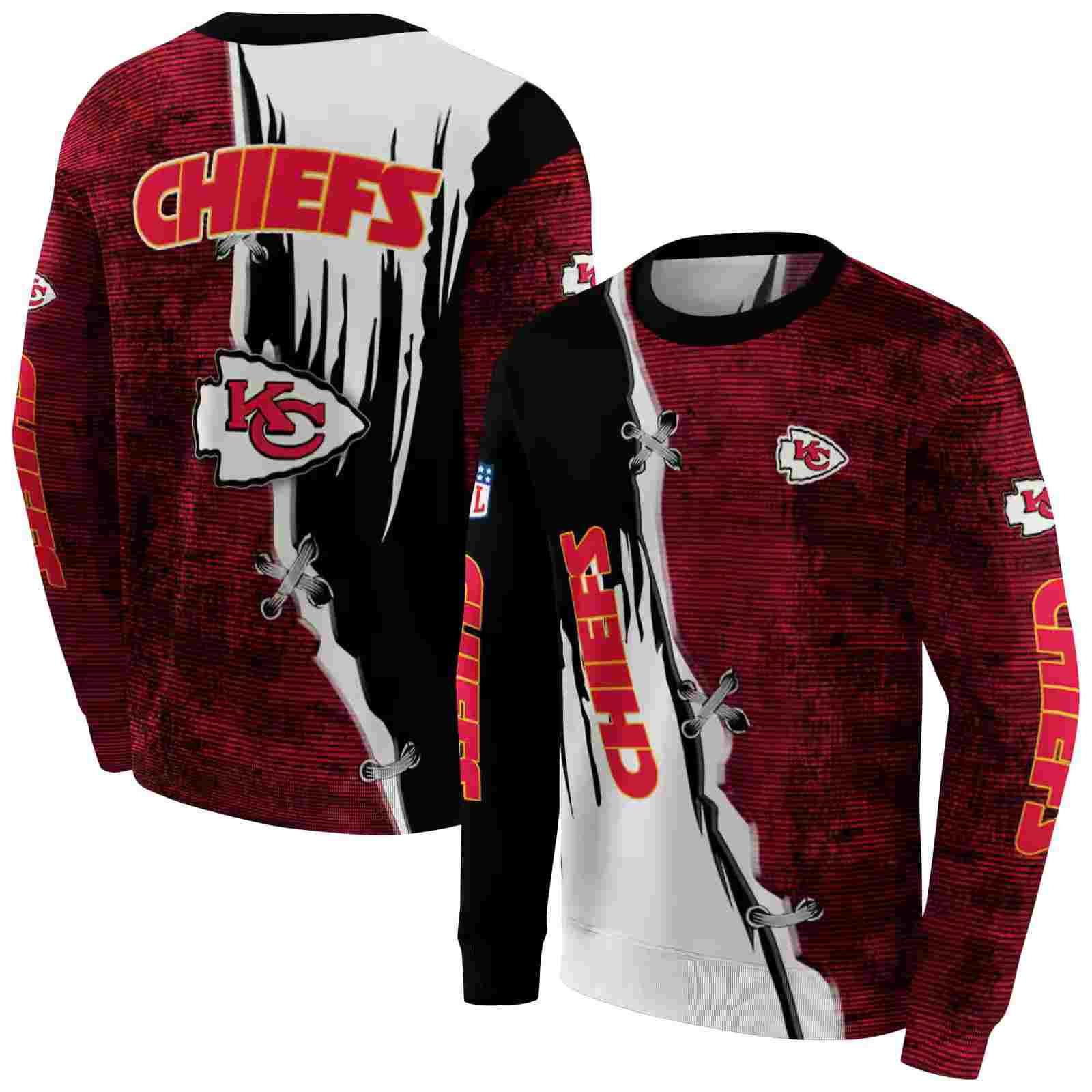 kansas city chiefs ripped pattern red black white hoodie premium grade