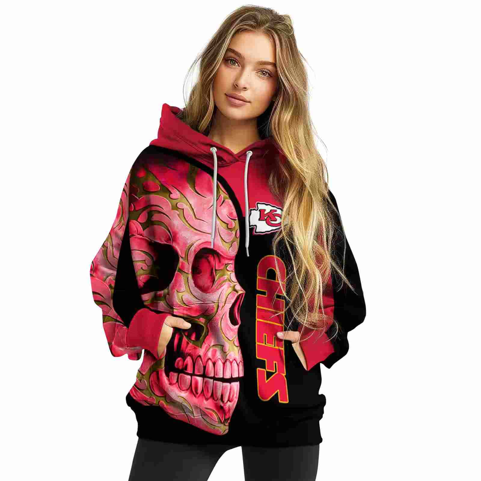 kansas city chiefs skull motif red black hoodie high quality